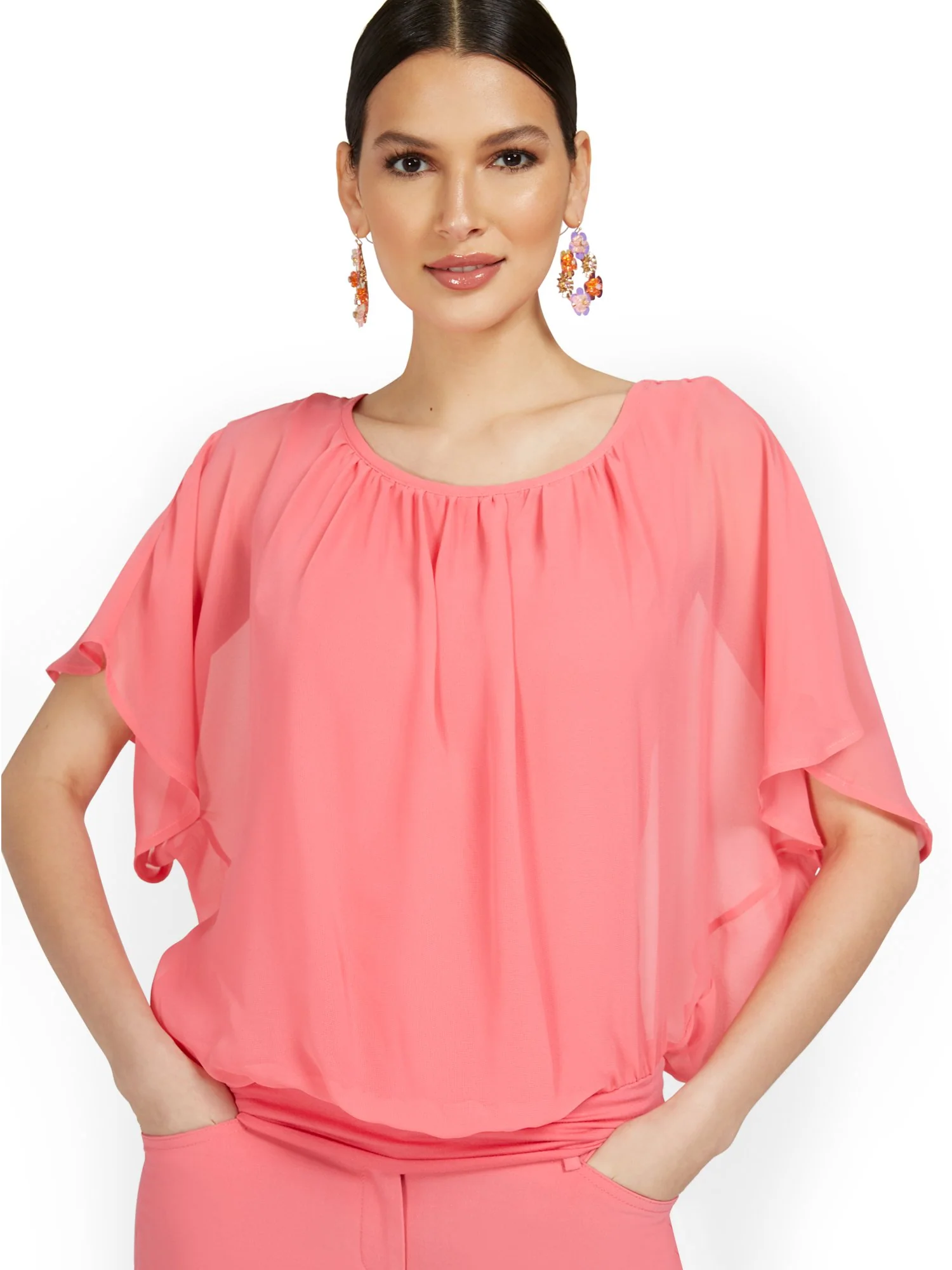 Petite Semi-Sheer Flutter Dolman-Sleeve Top - Image 16