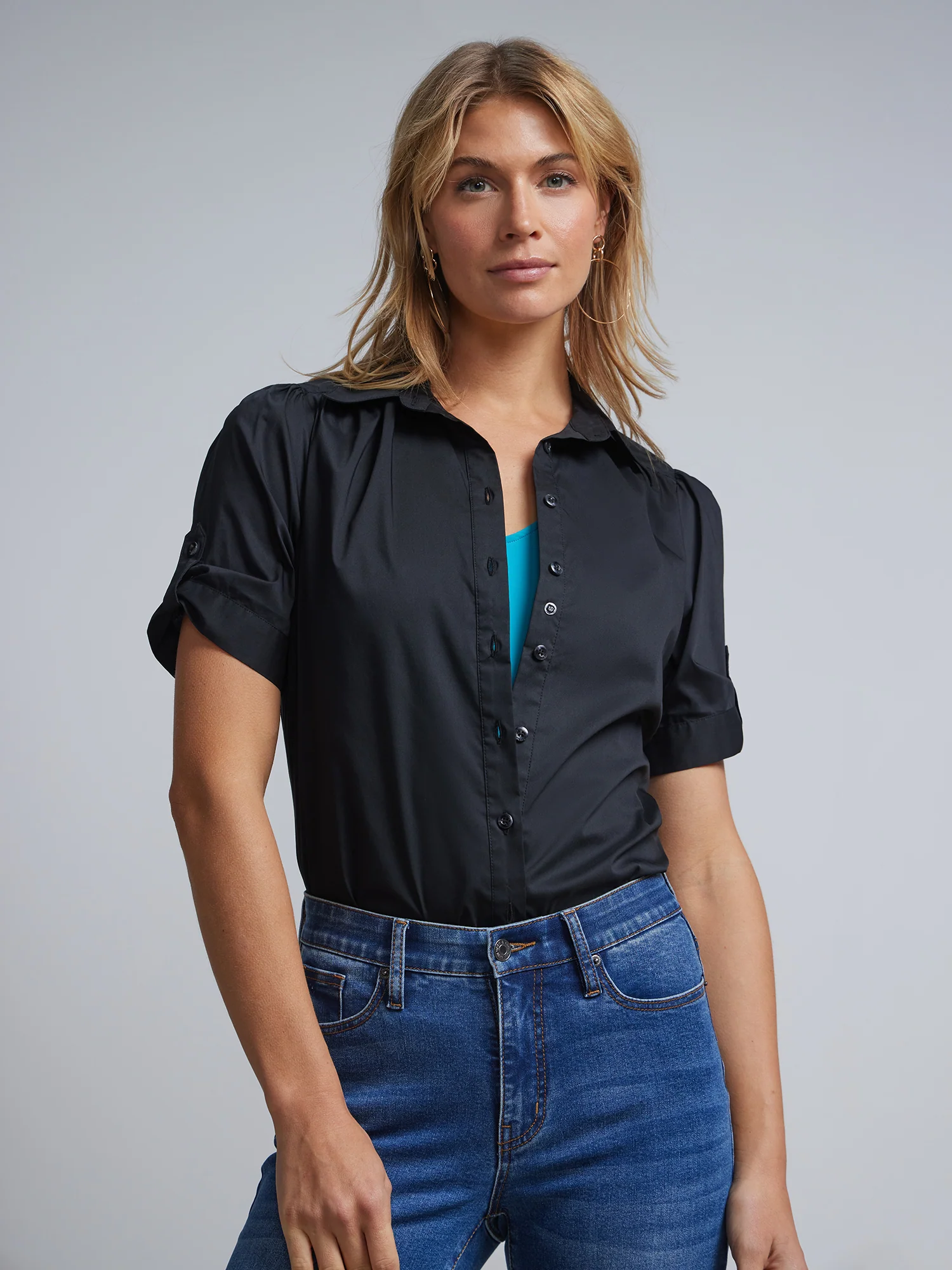 Petite Short-Sleeve Button-Front Secret Snap - NY&C Madison Shirt®