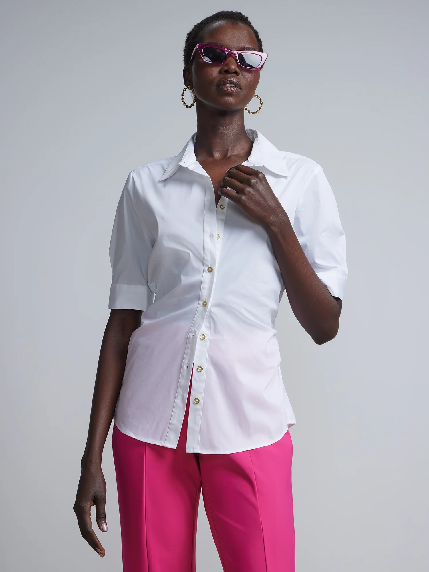 Petite Short-Sleeve Metal Button-Front Secret Snap - NY&C Madison Shirt®