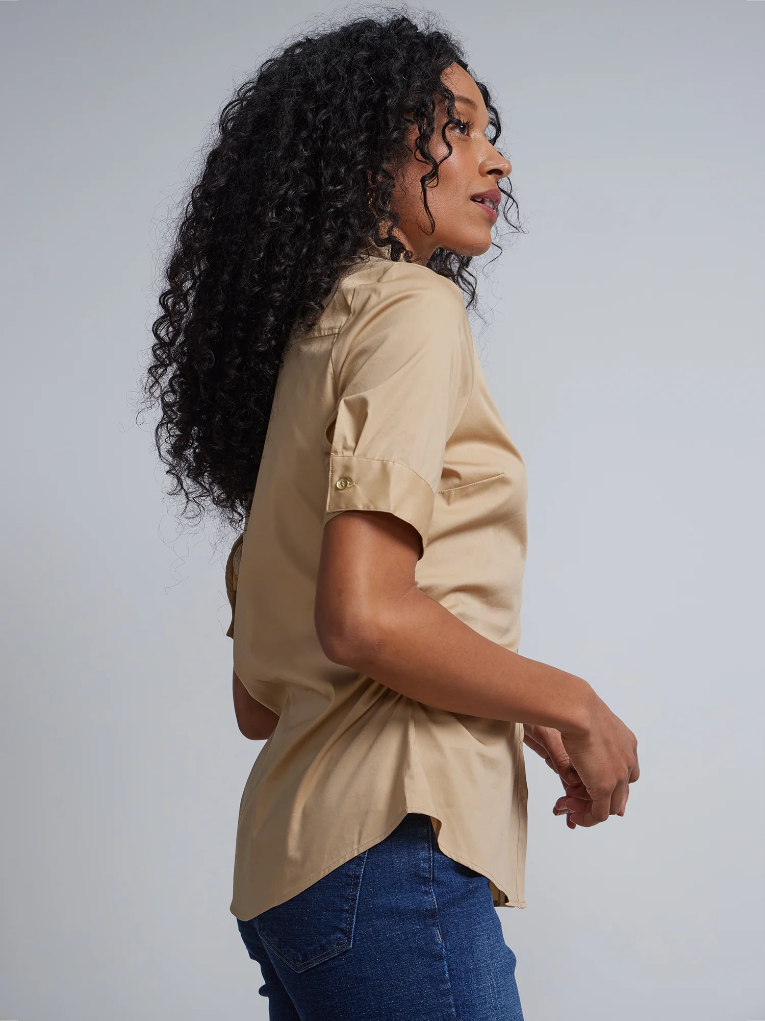 Petite Short-Sleeve Metal Button-Front Secret Snap - NY&C Madison Shirt® - Image 26