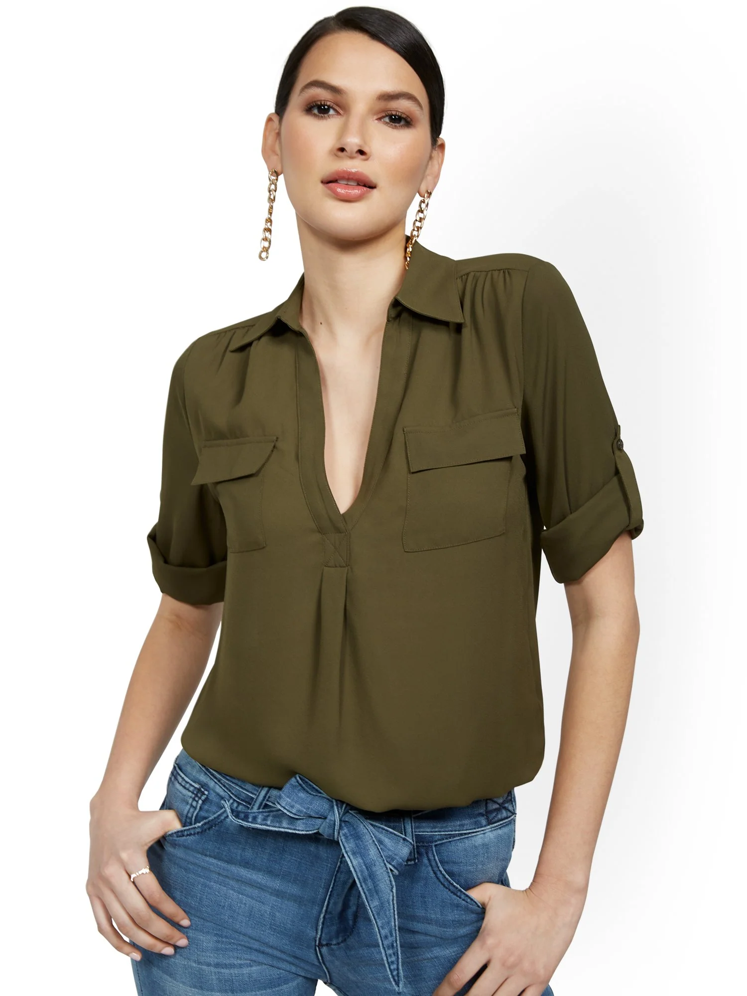 Petite Split-Neck Double Pocket Top - Image 13