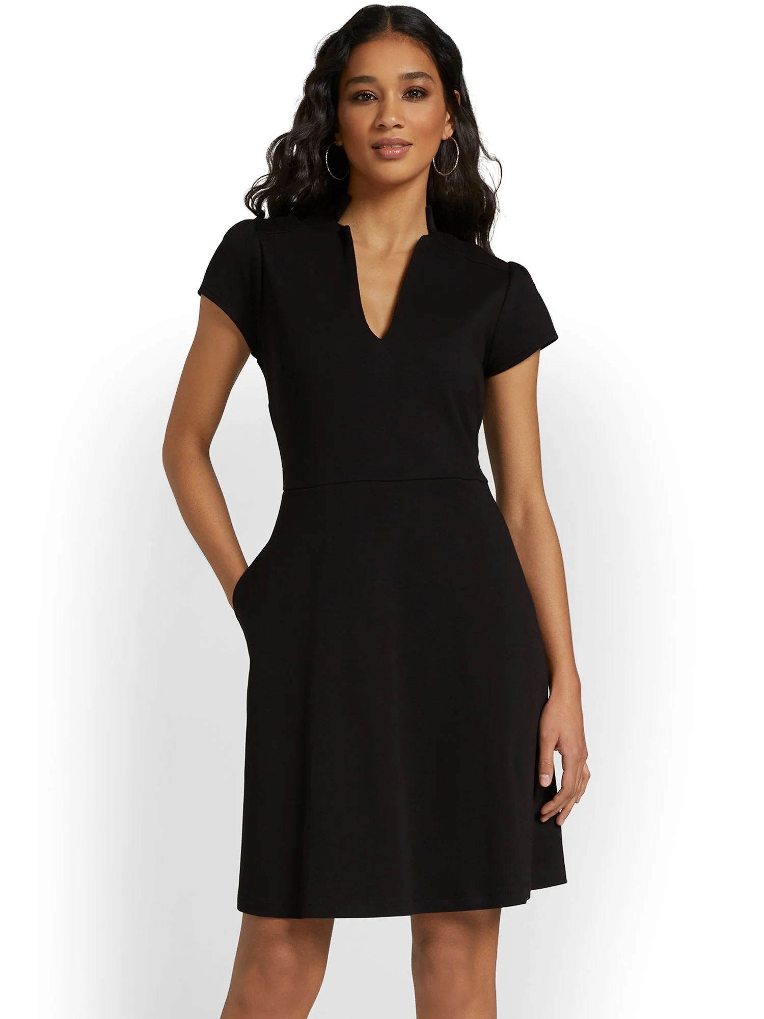 Petite Split-Neck Puff-Sleeve Flare Dress - City Knits - Image 2