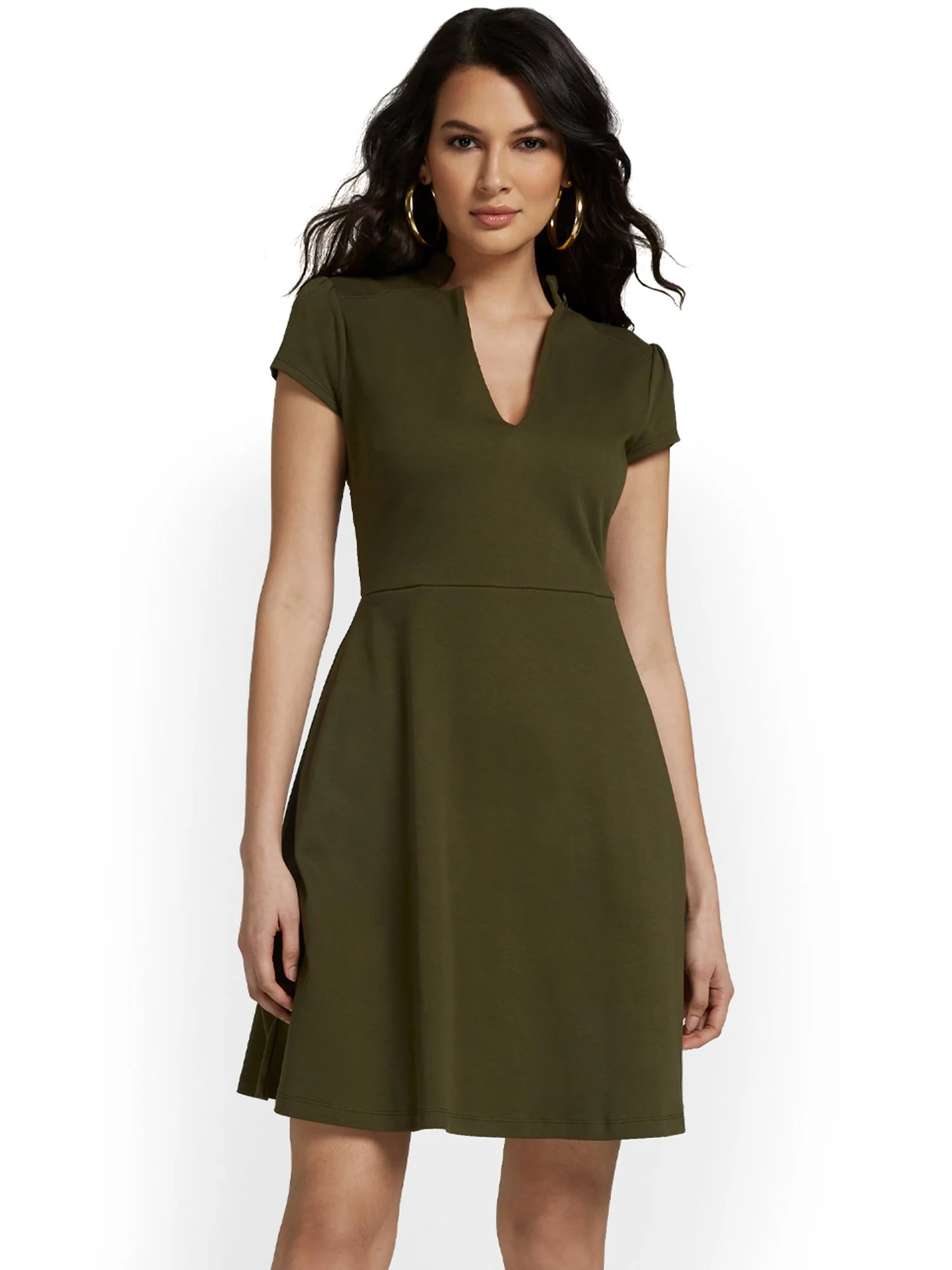 Petite Split-Neck Puff-Sleeve Flare Dress - City Knits - Image 9