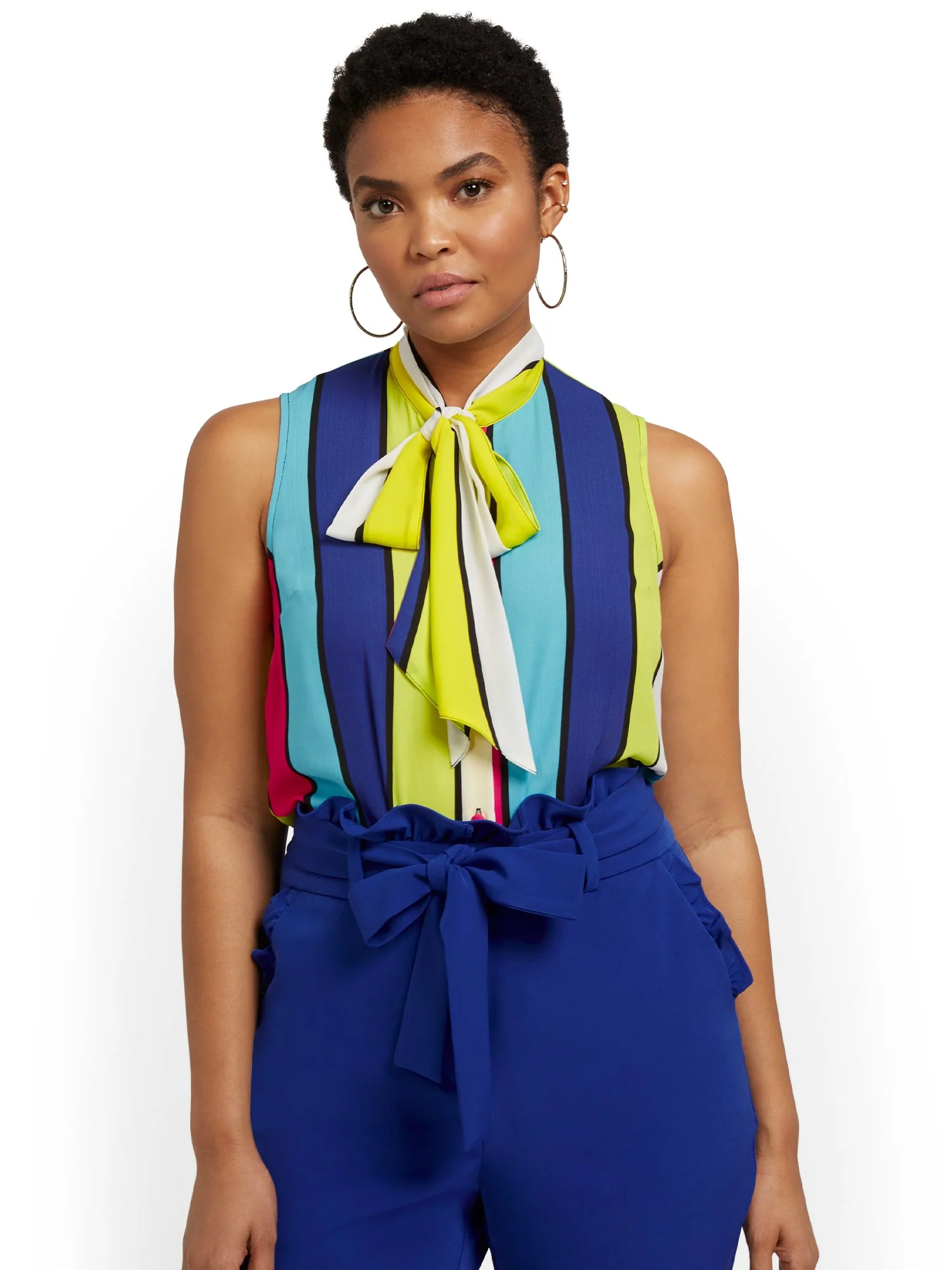Petite Striped Bow-Neck Blouse