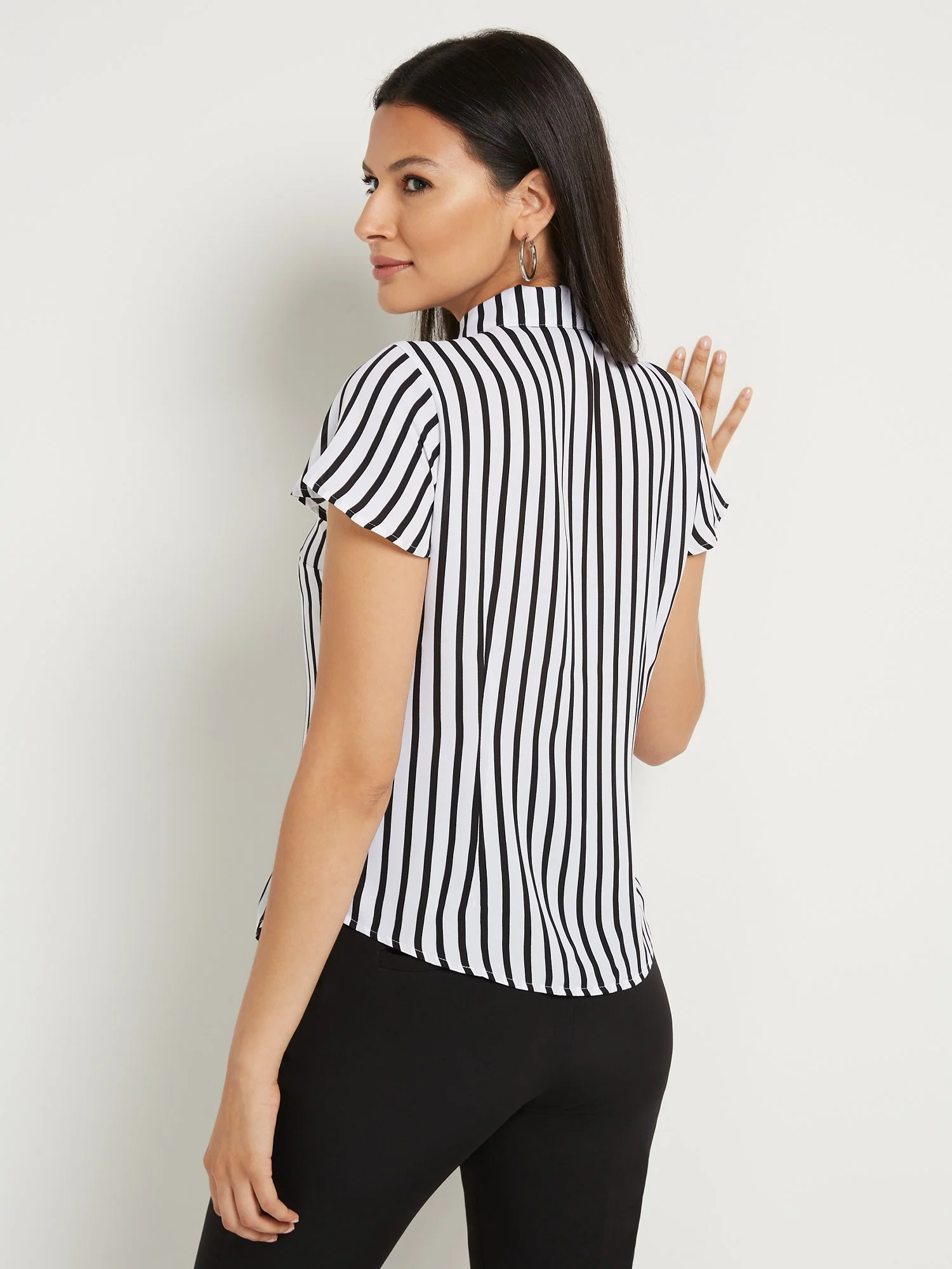 Petite Striped Button-Front Bow-Neck Blouse - Image 3