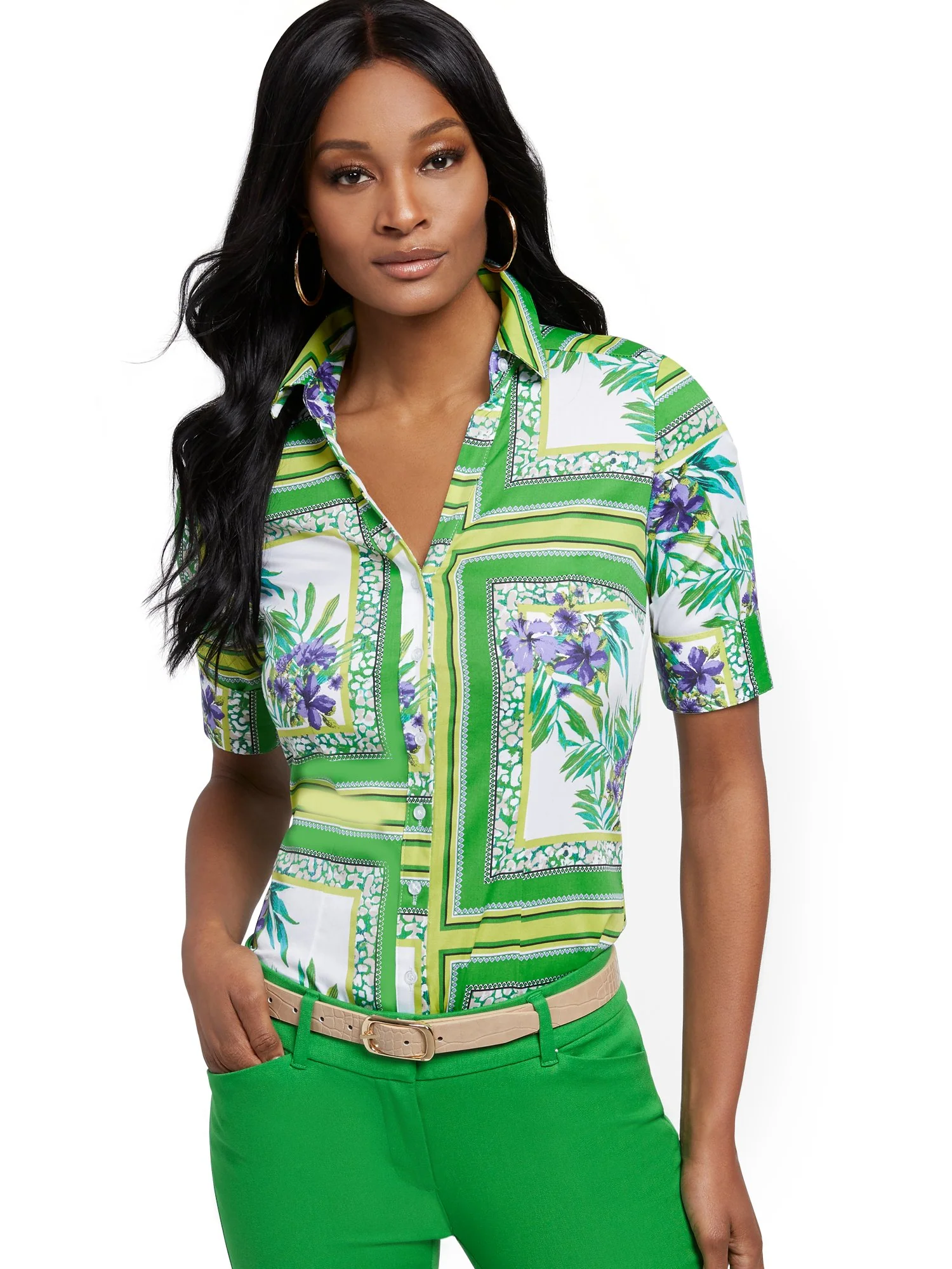 Petite Tropical-Print Madison Shirt - Secret Snap - 7th Avenue - Image 2