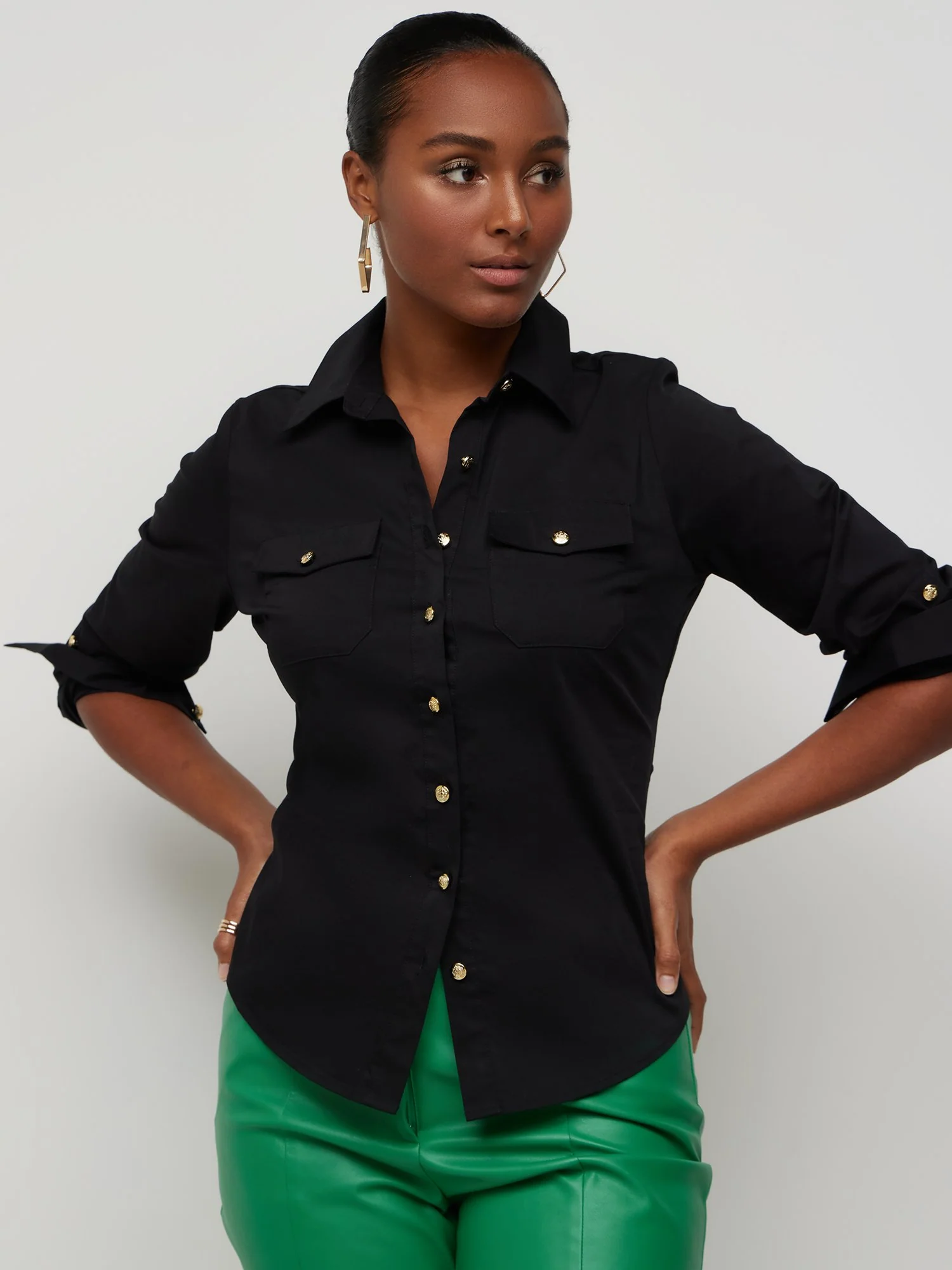 Petite Two-Pocket Button-Front Secret Snap - NY&C Madison Shirt®