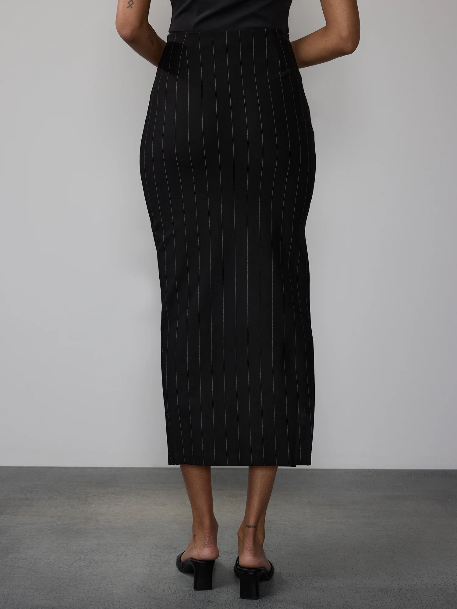 Pinstripe Ponte Maxi High Slit Skirt - Image 3