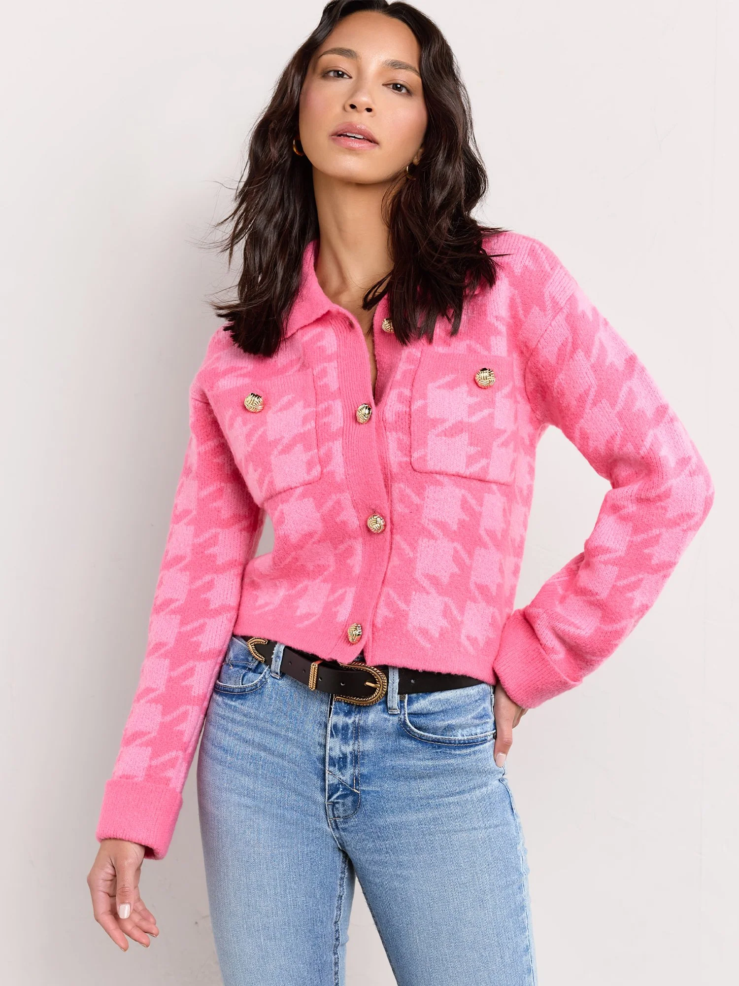 Pink Houndstooth Cropped Cardigan - English Factory - Image 3