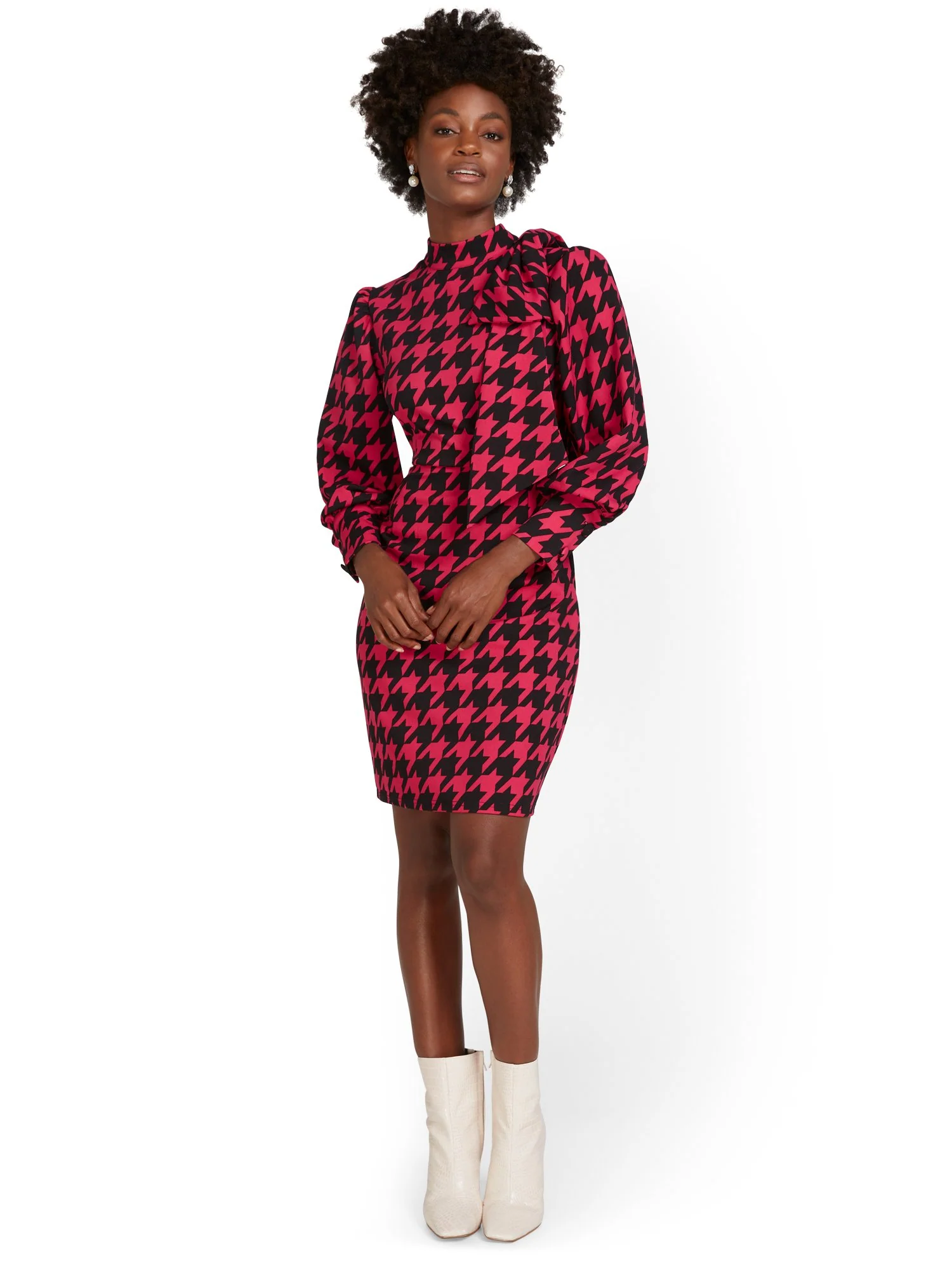 Pink Houndstooth Fitted Dress - Image 5