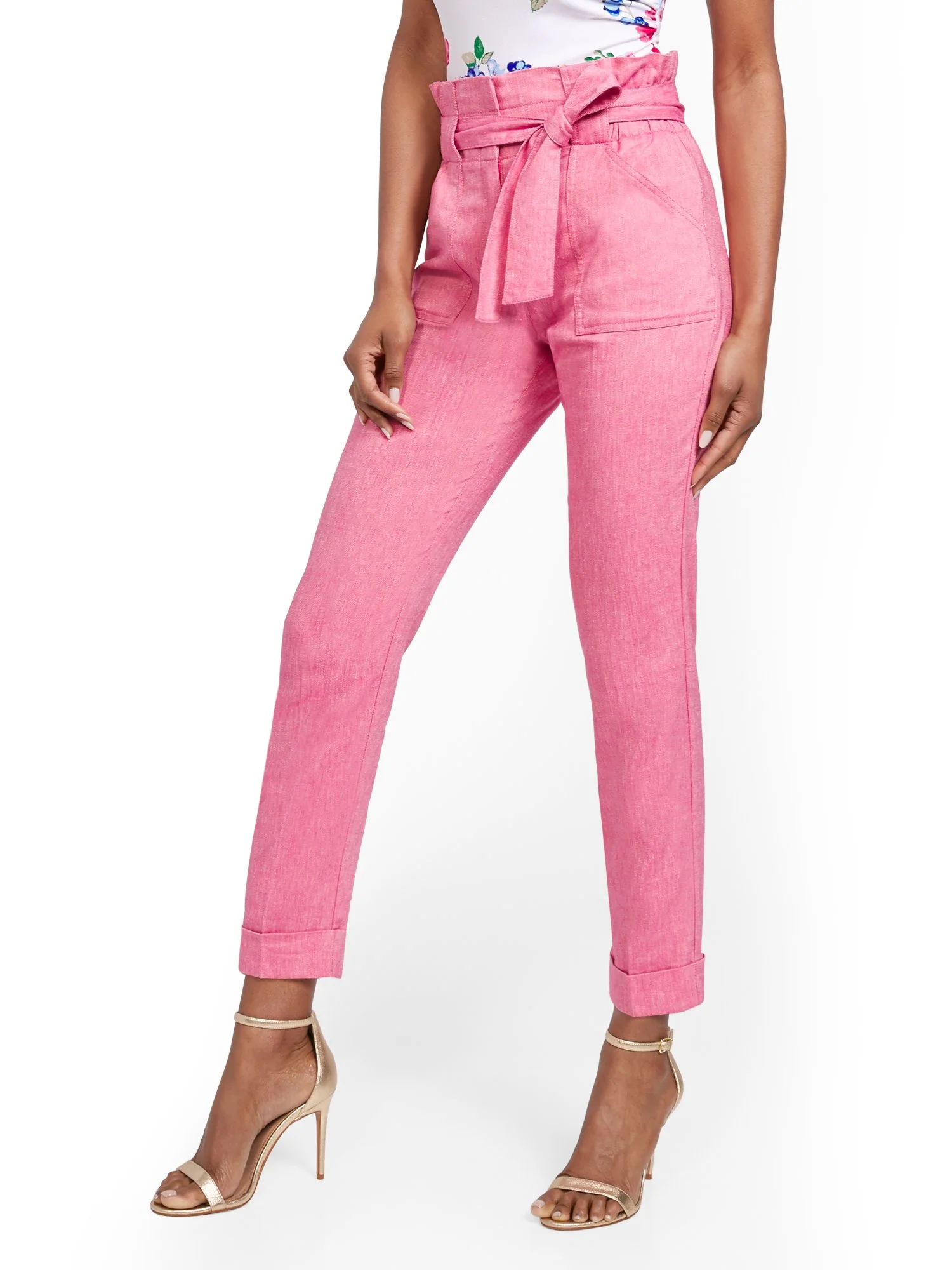 Pink Linen-Blend Paperbag-Waist Slim Ankle Pant - Image 2