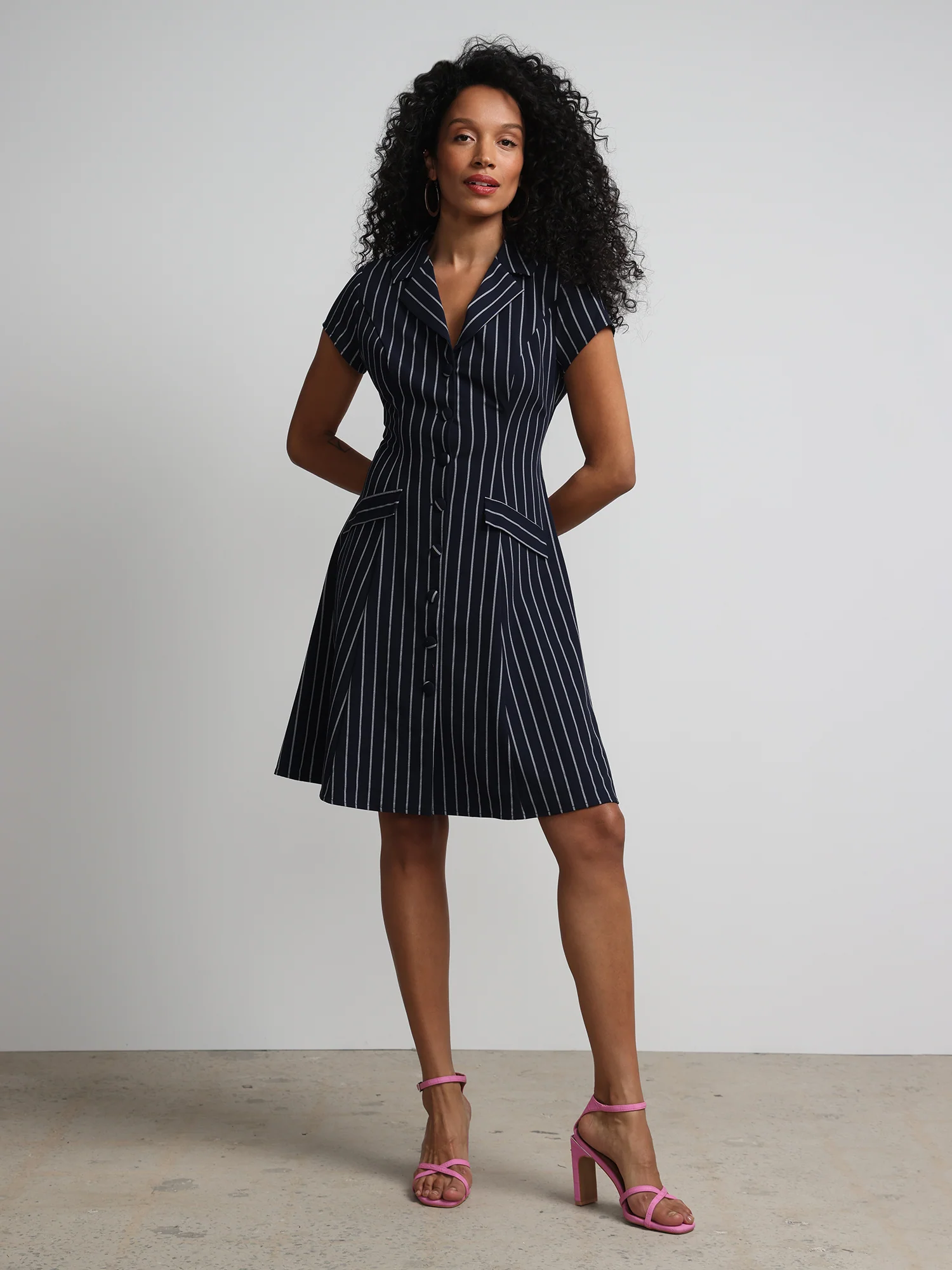 Pinstripe Button-Front Flare Dress