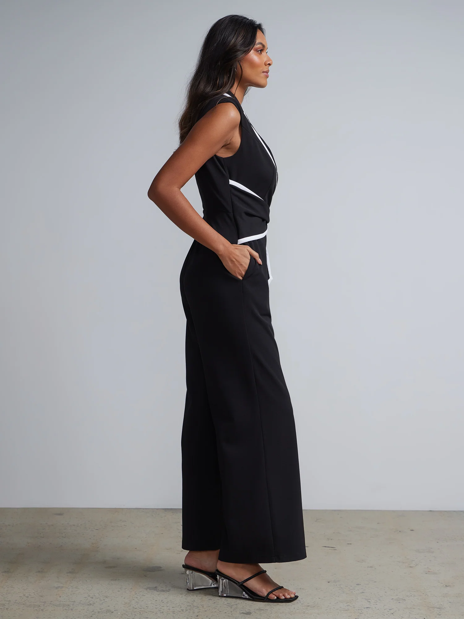 Piped V-Neck Jumpsuit - Magic Crepe® - Image 2