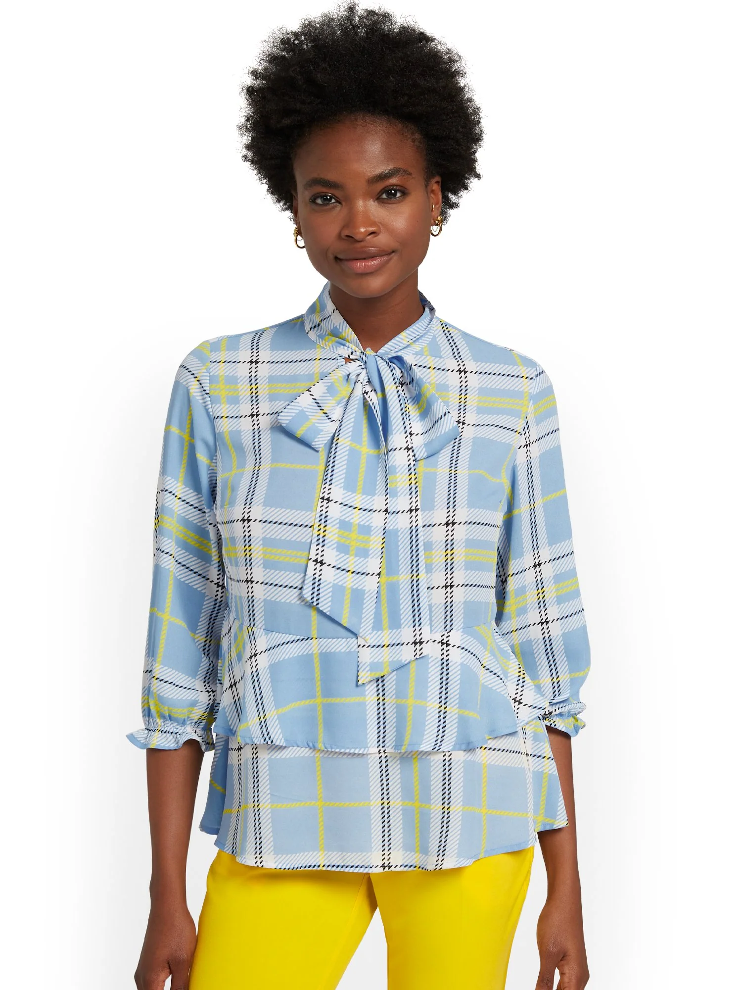 Plaid Bow-Front Babydoll Blouse