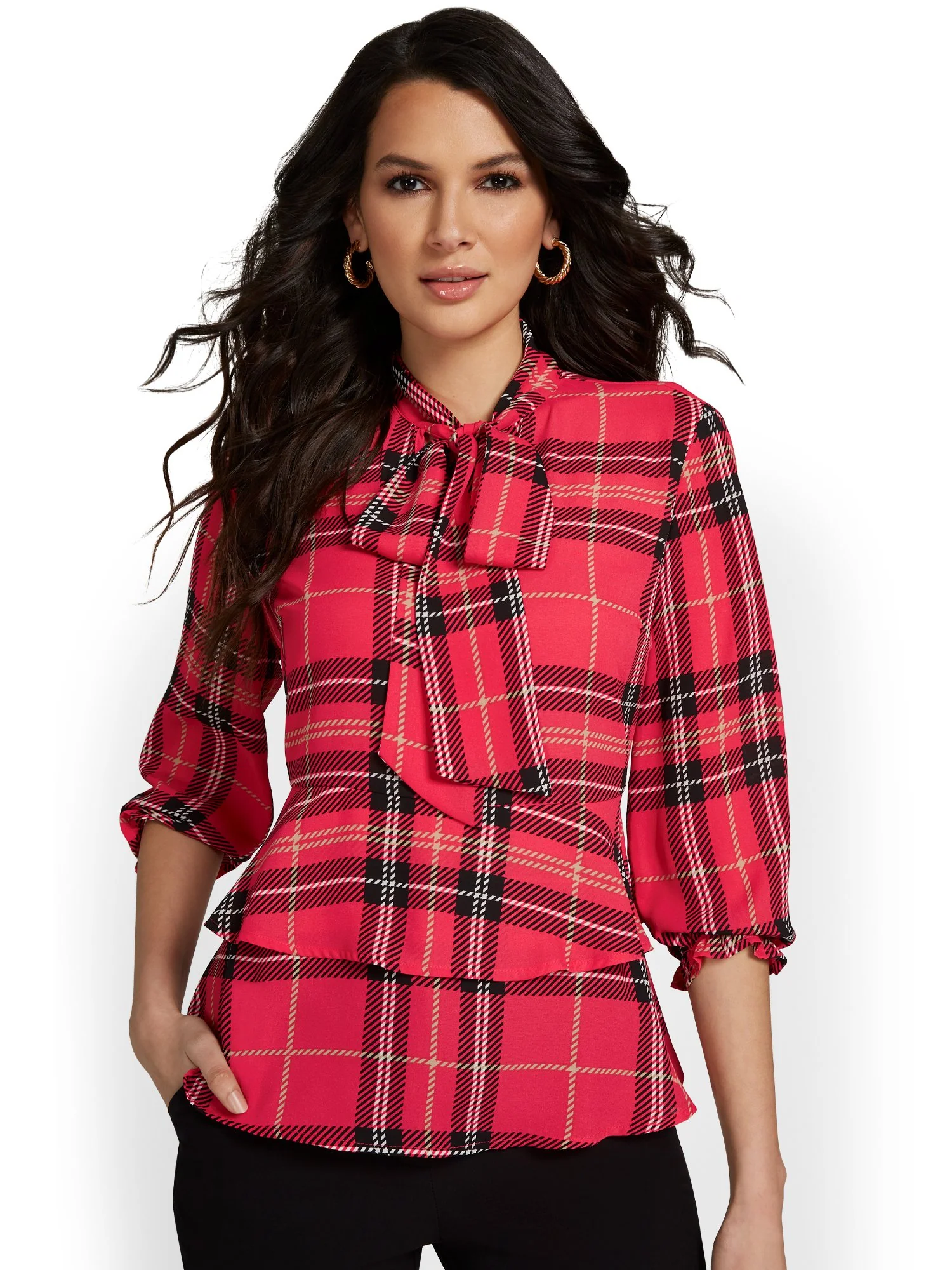 Plaid Bow-Front Babydoll Blouse - Image 5