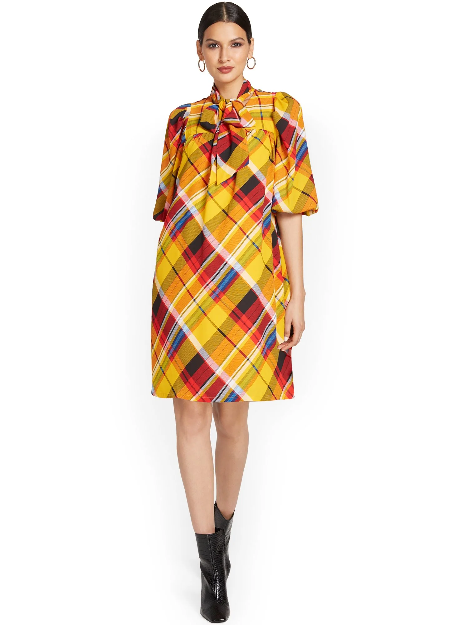 Plaid Bow-Front Shift Dress