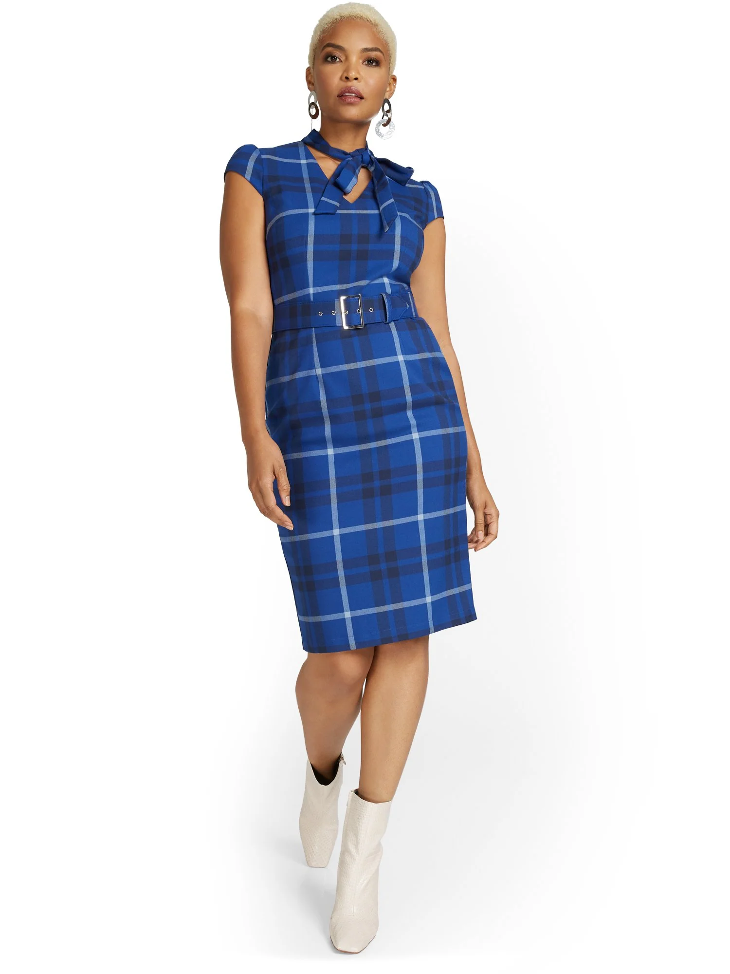 Plaid Bow-Neck Sheath Dress - Image 2