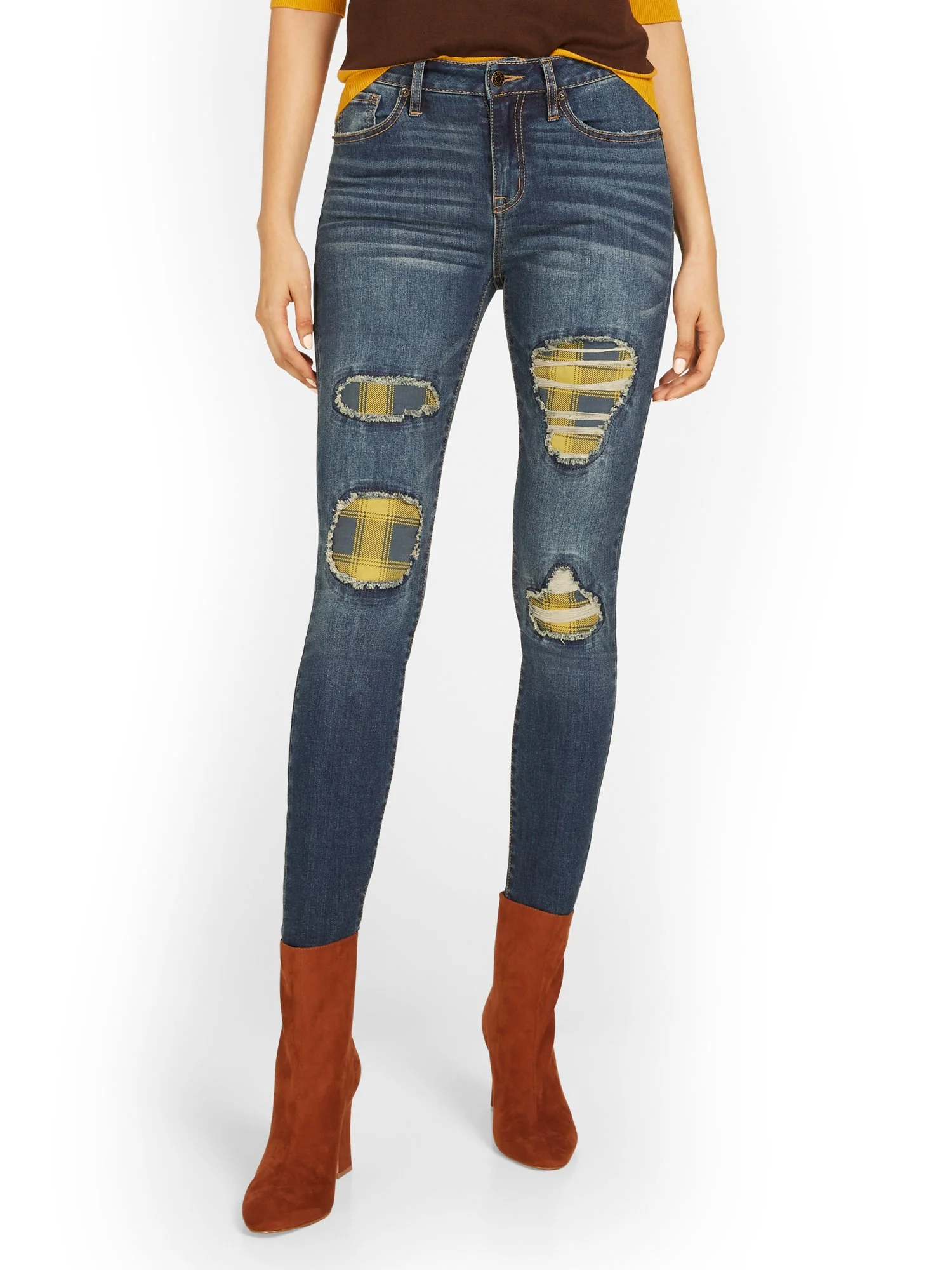 Plaid-Detail Distressed Super-Skinny Jeans - Image 2