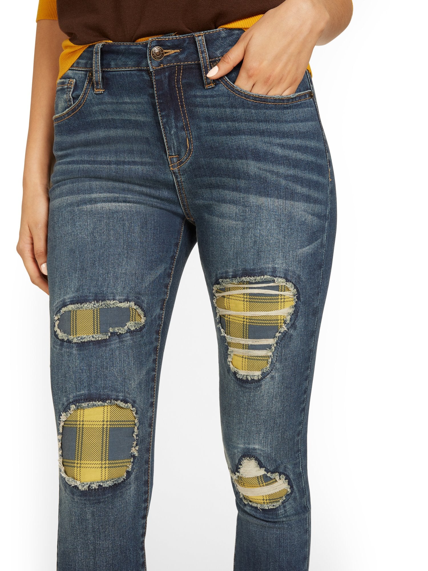 Plaid-Detail Distressed Super-Skinny Jeans - Image 4