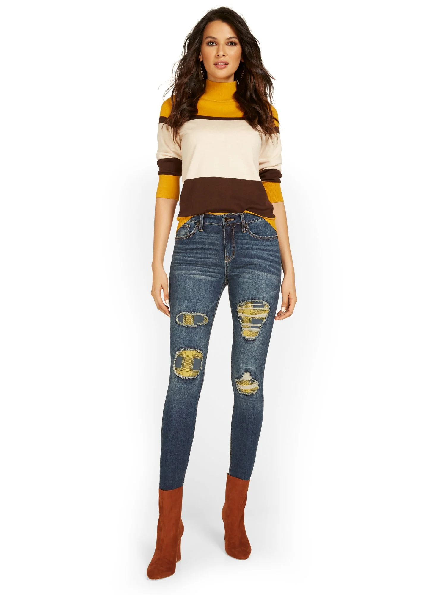 Plaid-Detail Distressed Super-Skinny Jeans - Image 5