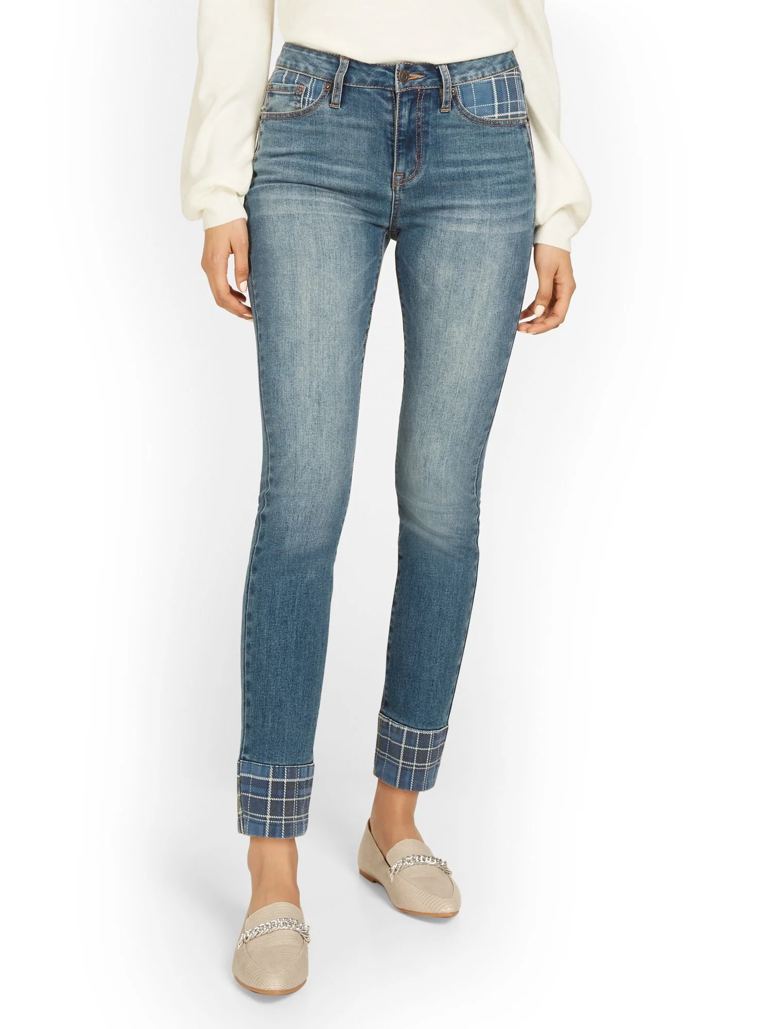 Plaid-Detail Super-Skinny Ankle Jeans - Image 2