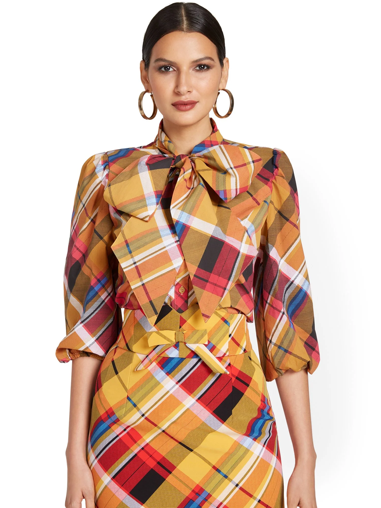 Plaid Drama Bow Poplin Shirt