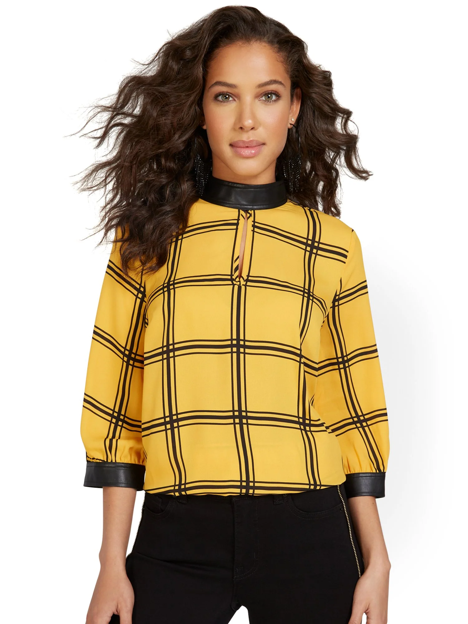 Plaid Faux-Leather Trim Mock-Neck Blouse - Image 2