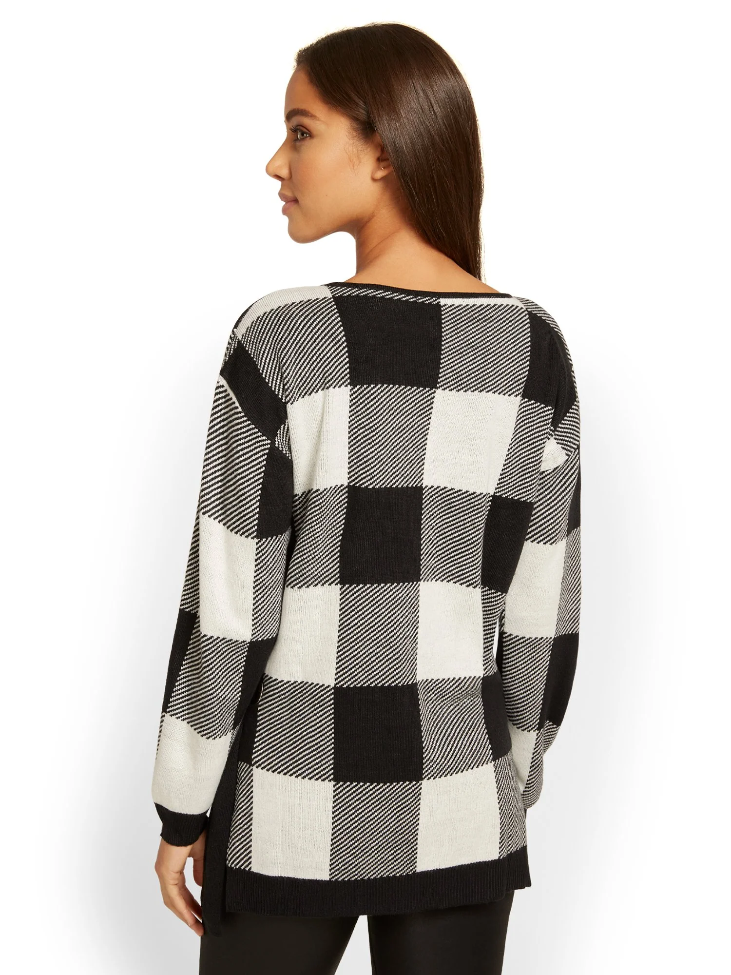 Plaid Lace-Up Side Tunic Sweater - Image 3