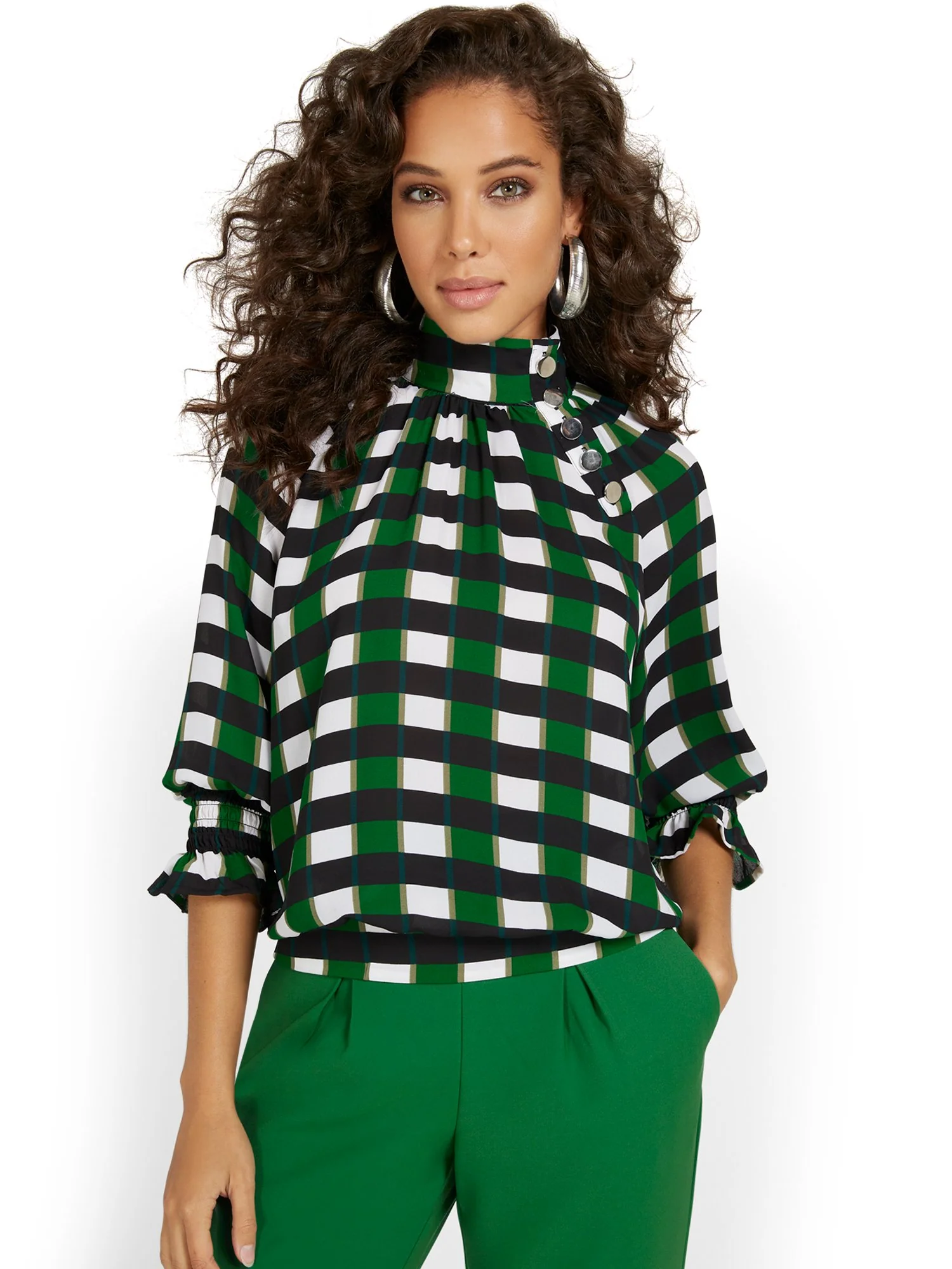 Plaid Mock-Neck Blouse
