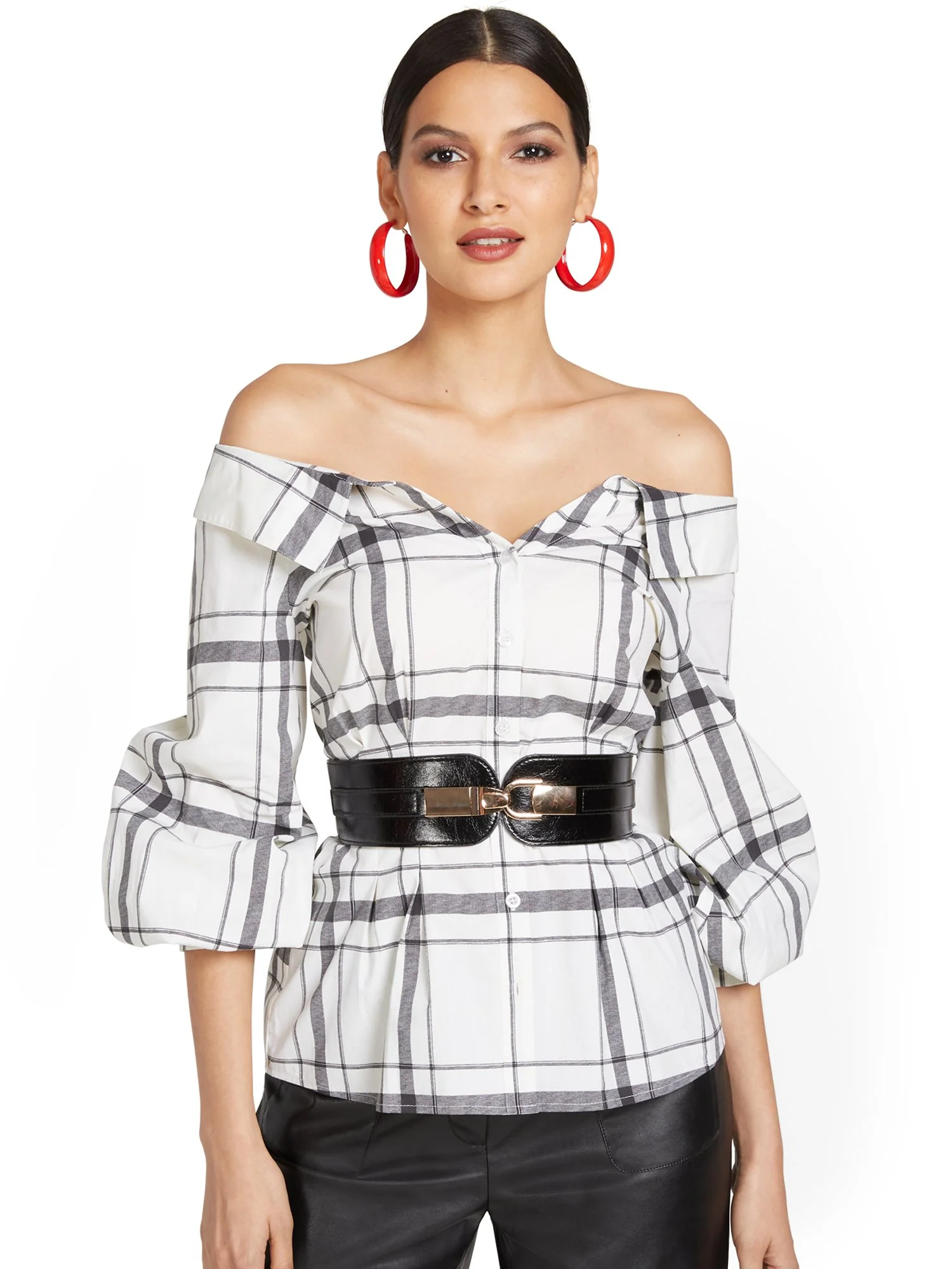 Plaid Off-The-Shoulder Poplin Top
