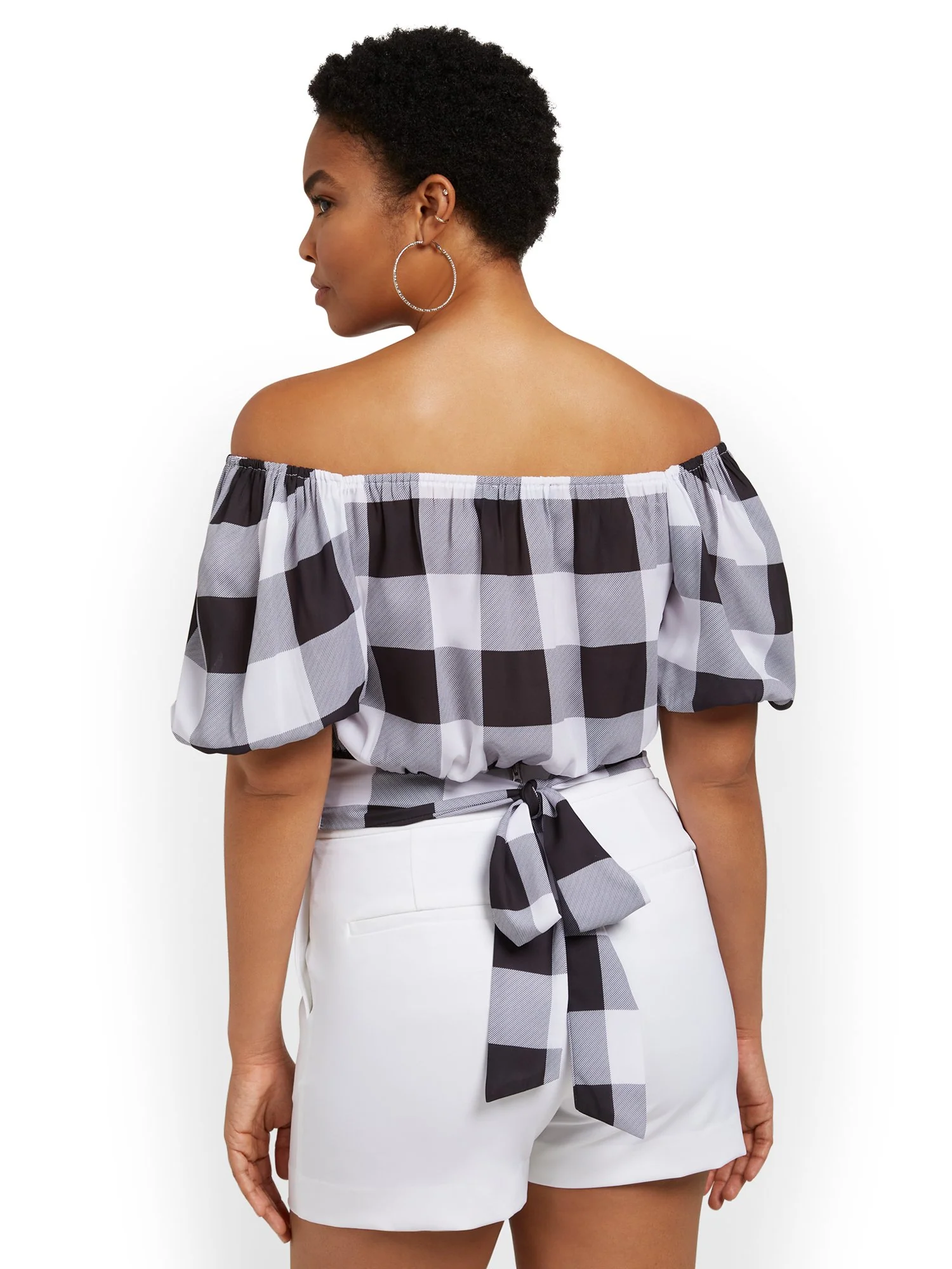 Plaid Off-The-Shoulder Tie-Back Blouse - Image 3