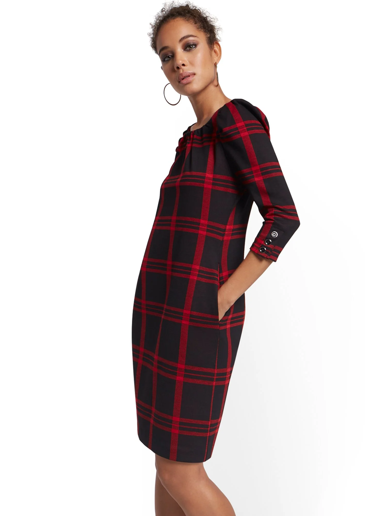 Plaid Puff-Sleeve Shift Dress - Superflex