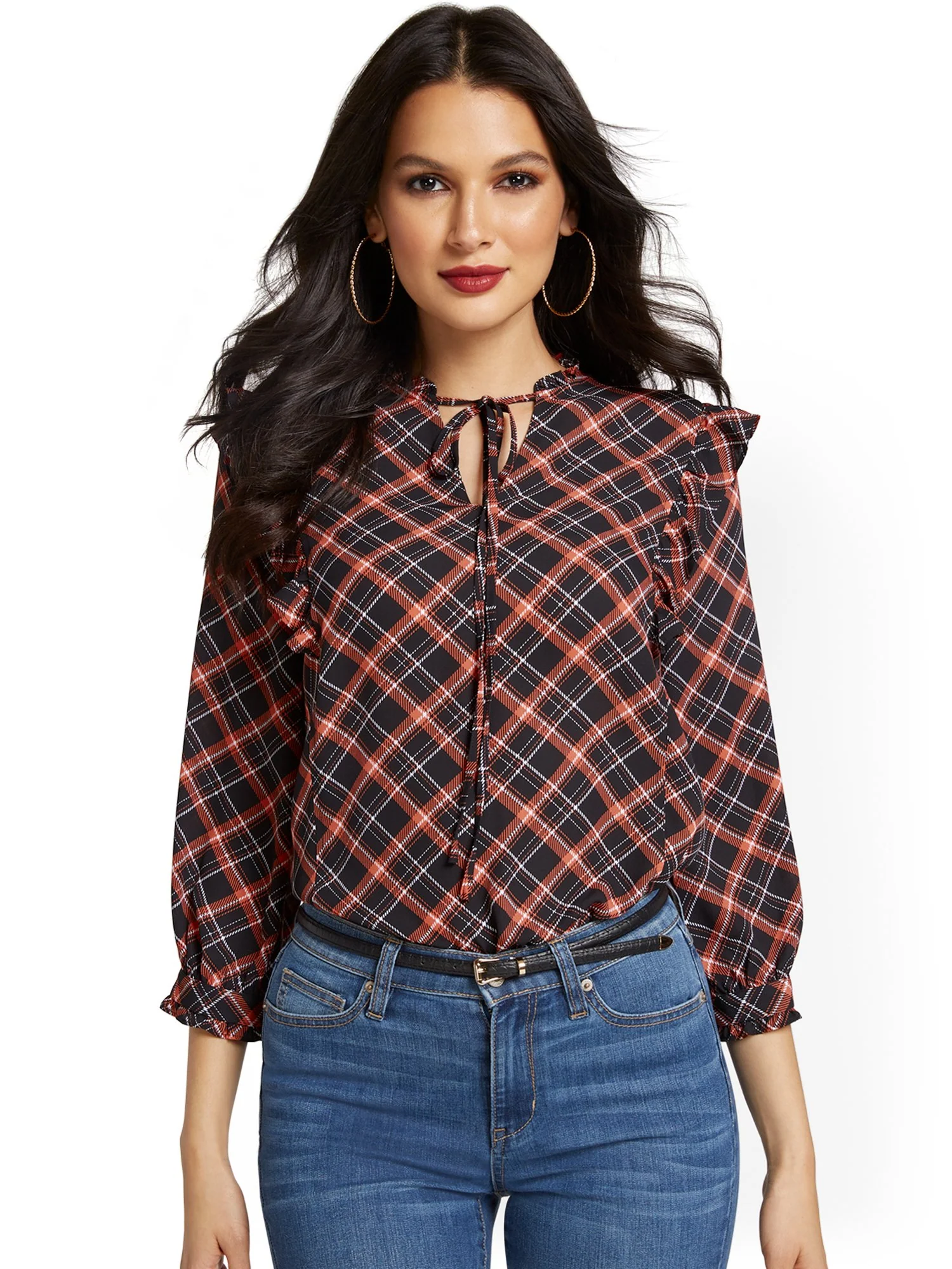 Plaid Ruffle-Front Blouse - Image 2