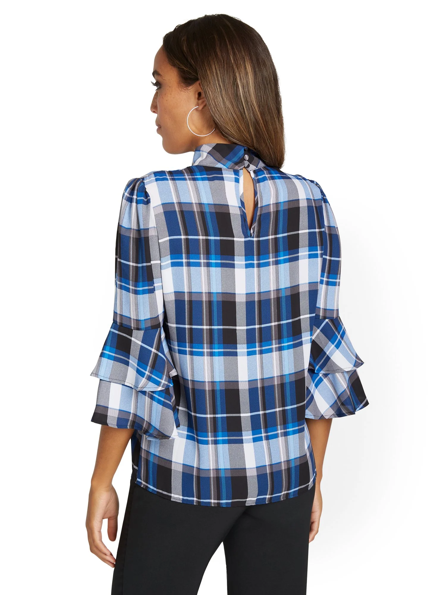 Plaid Ruffle-Sleeve Blouse - Image 3