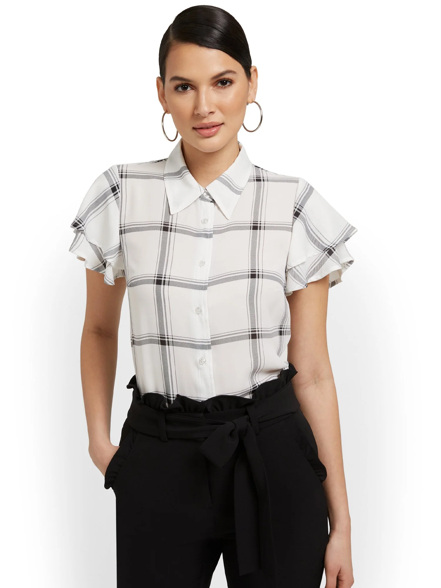 Plaid Ruffle-Sleeve Blouse - Image 2