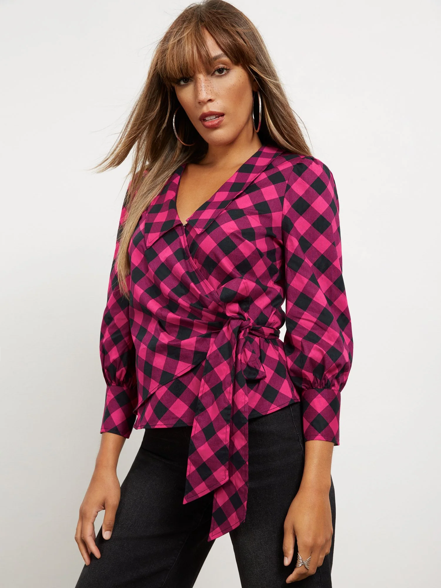 Plaid Side-Tie Blouse