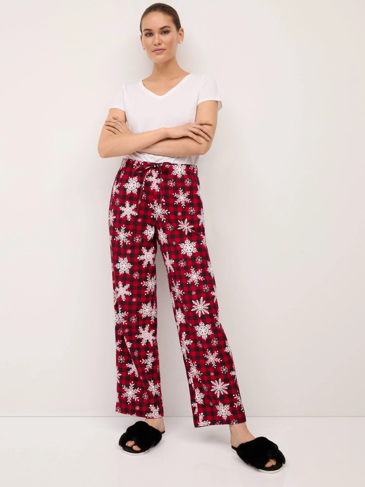 Plaid Snowflake-Print Pajama Pant
