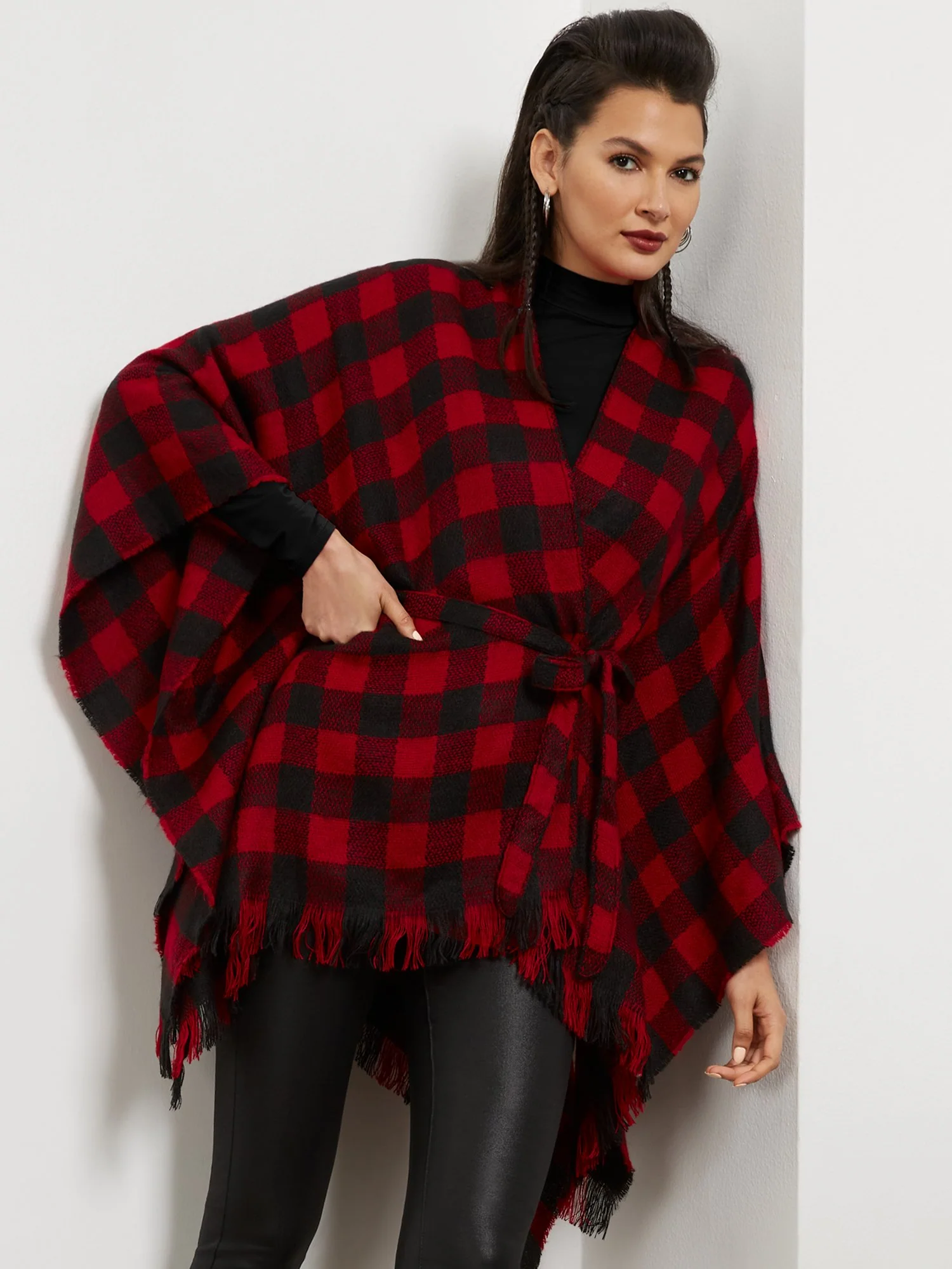 Plaid Tie-Front Poncho - Image 8