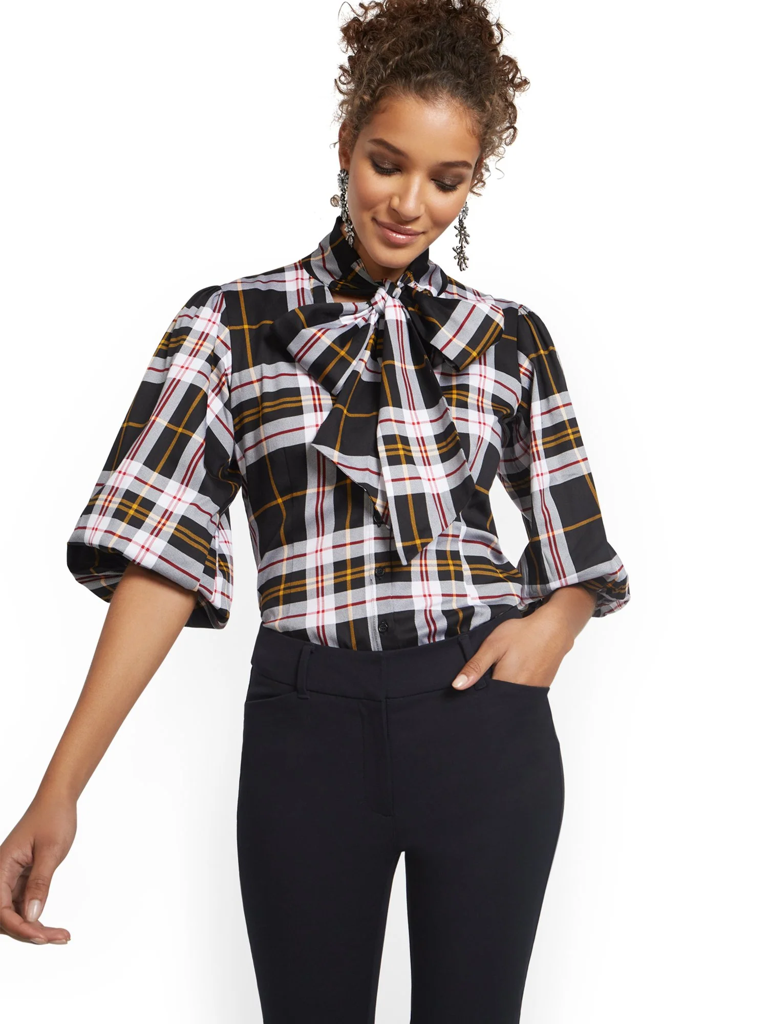 Plaid Tie-Front Poplin Shirt