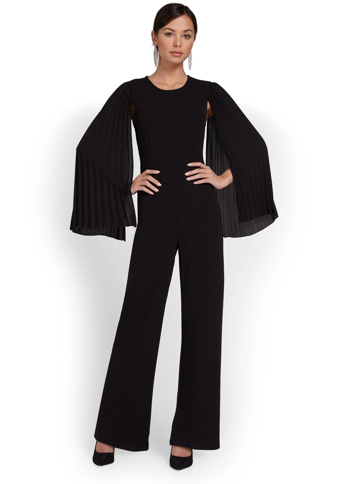 Pleated Cape-Sleeve Jumpsuit