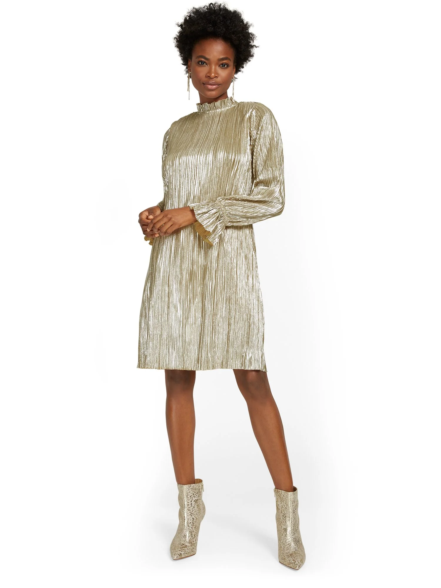 Pleated Ruffle-Neck Shift Dress - Image 2