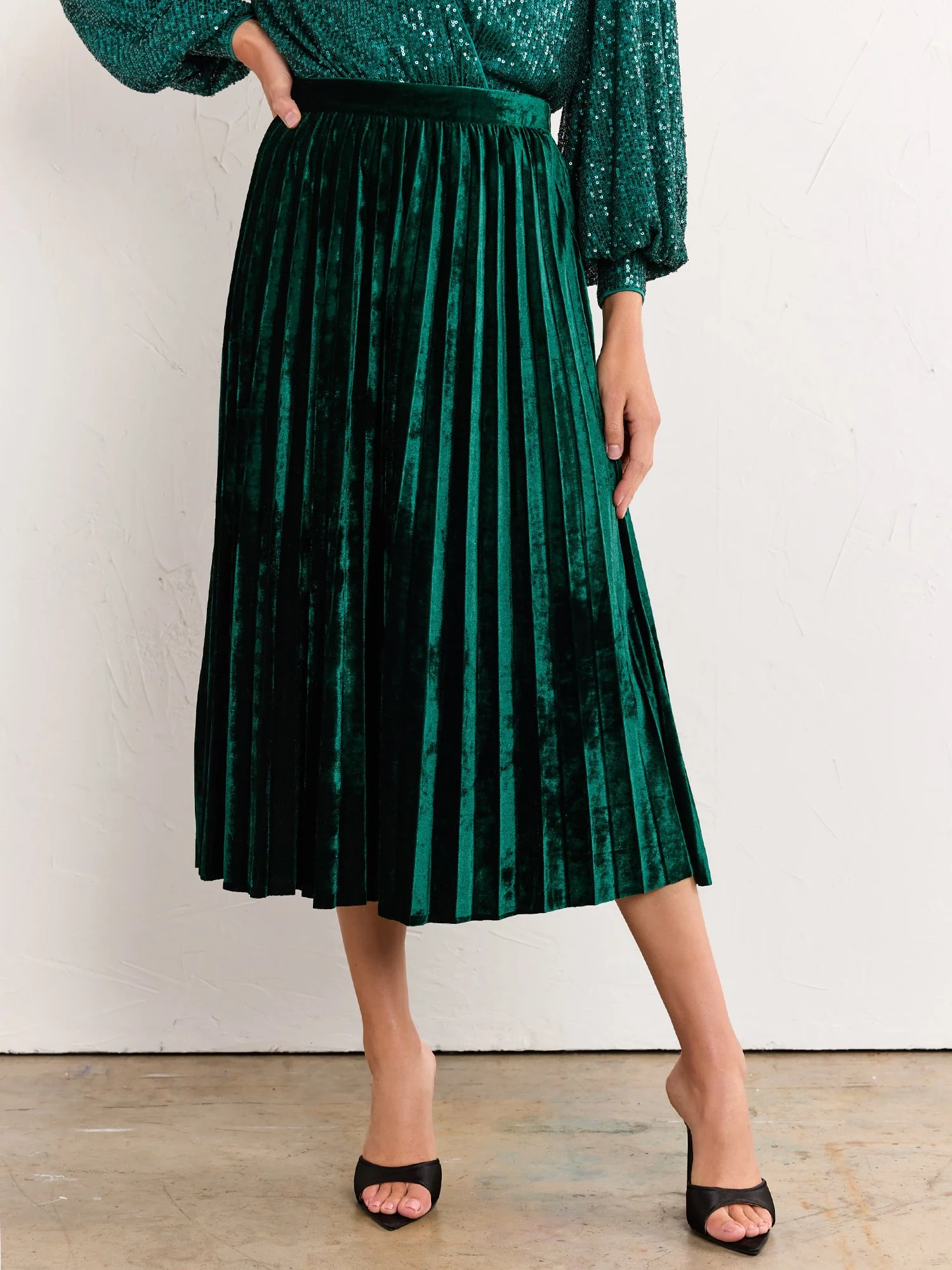 Pleated Velvet Midi Skirt - Flying Tomato - Image 2
