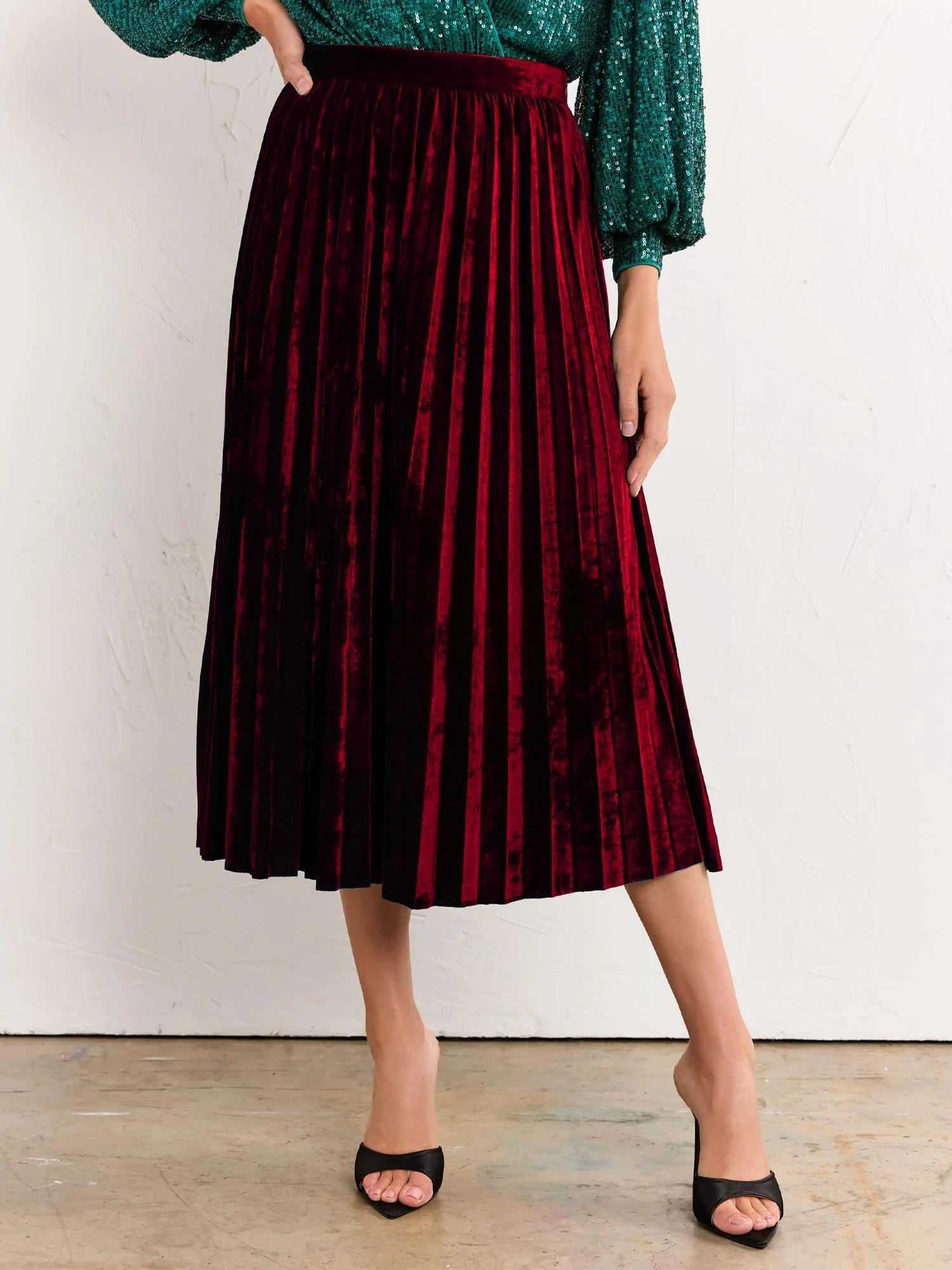 Pleated Velvet Midi Skirt - Flying Tomato - Image 7