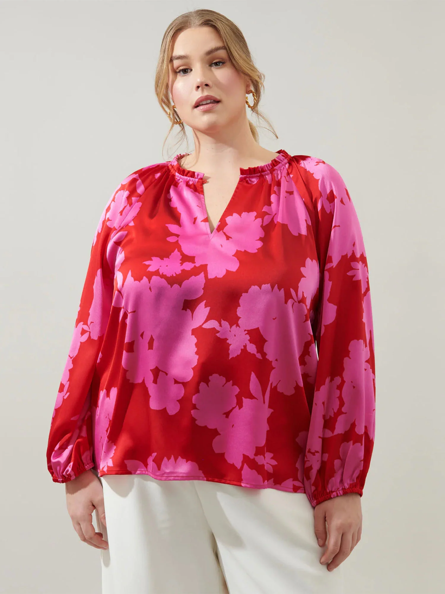 Sugarlips Plus Long Sleeve Bold Floral Satin Blouse - Brands We Love