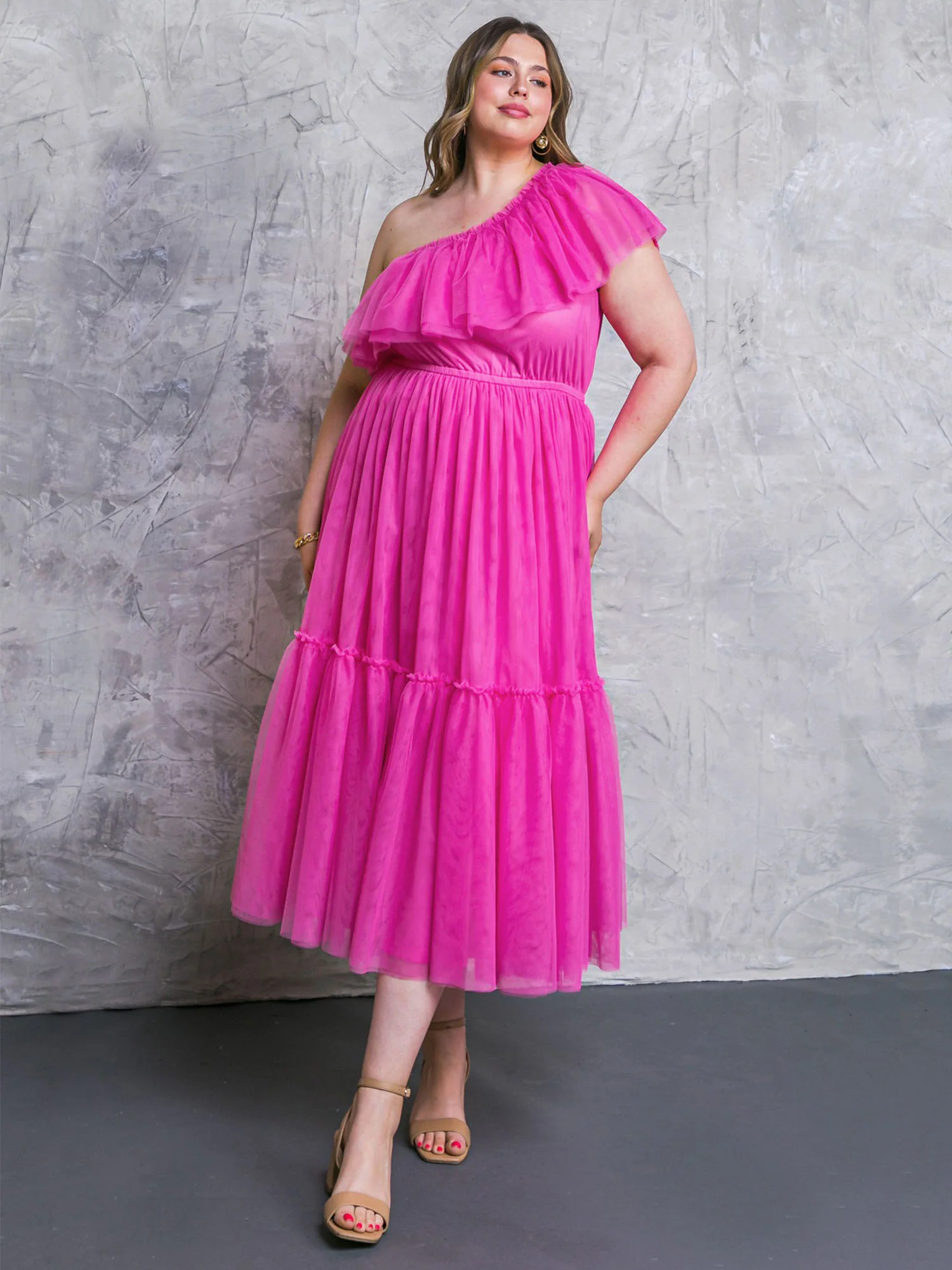 Flying Tomato Plus One Shoulder Tulle Midi Dress - Brands We Love