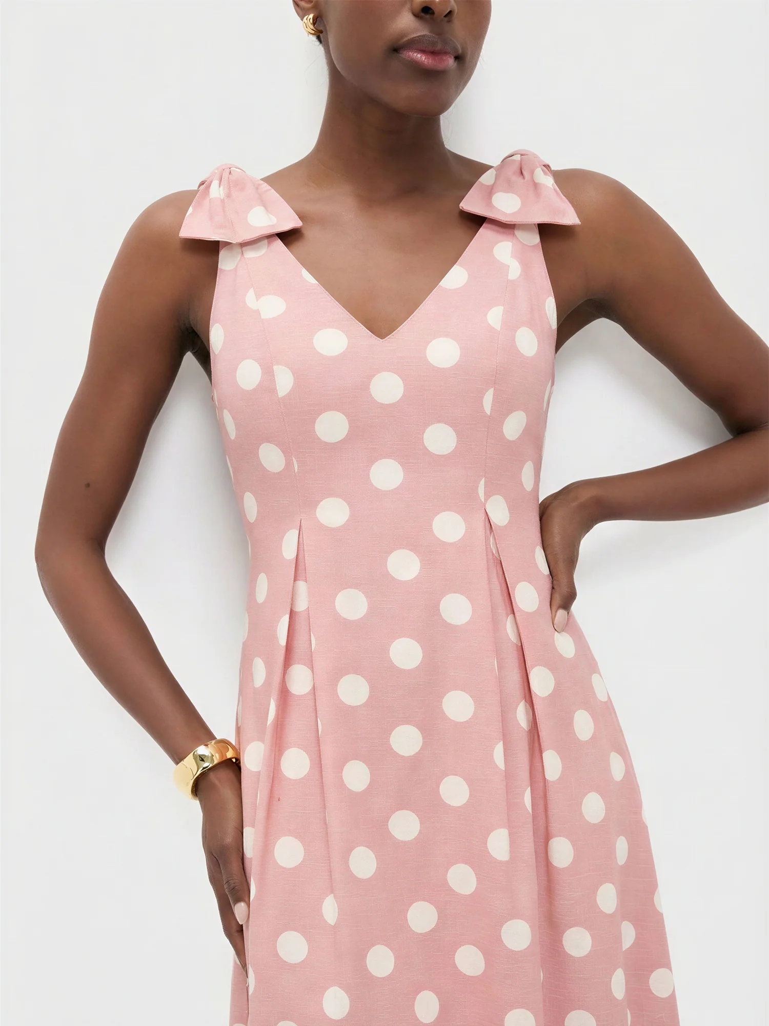 Polka Dot V-Neck Bow Shoulder A-Line Maxi Dress - Image 2