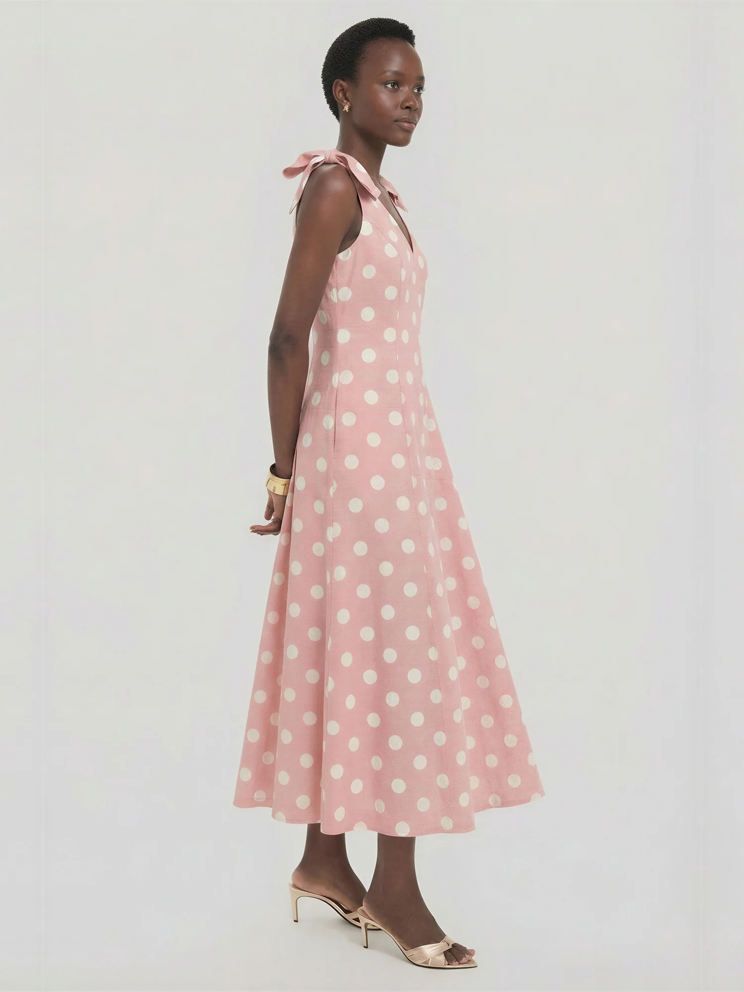 Polka Dot V-Neck Bow Shoulder A-Line Maxi Dress - Image 3