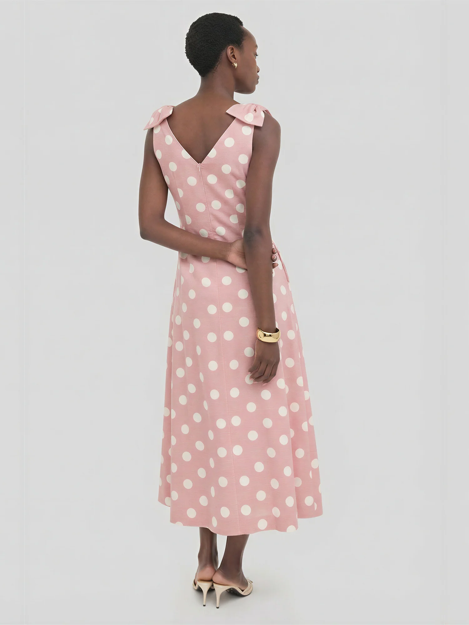 Polka Dot V-Neck Bow Shoulder A-Line Maxi Dress - Image 4