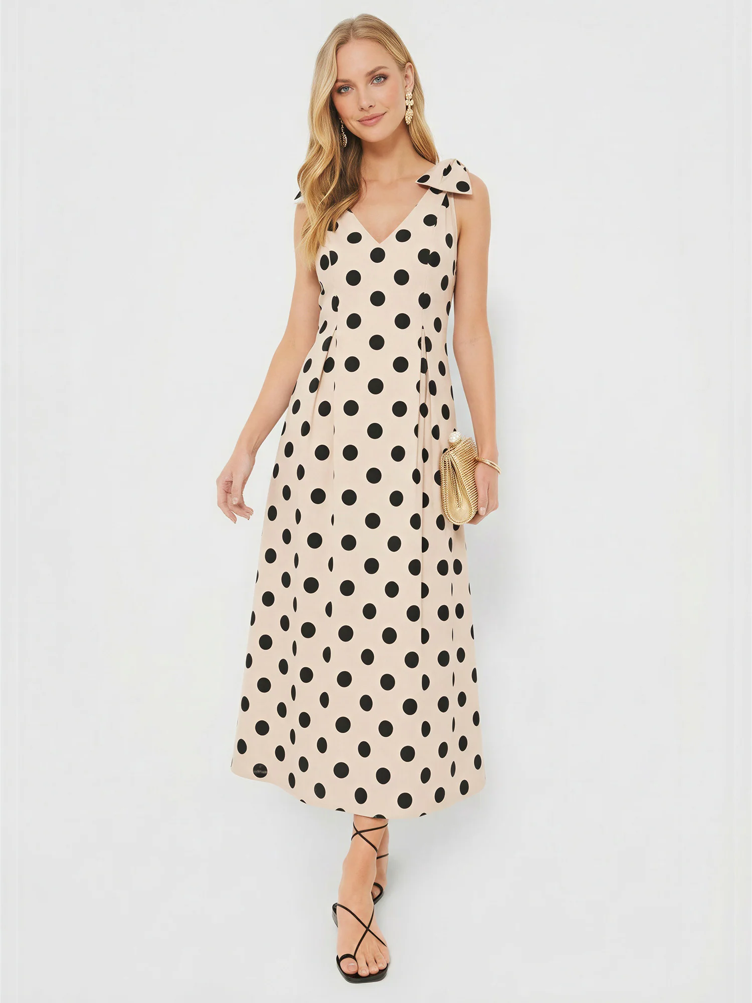 Polka Dot V-Neck Bow Shoulder A-Line Maxi Dress - Image 6