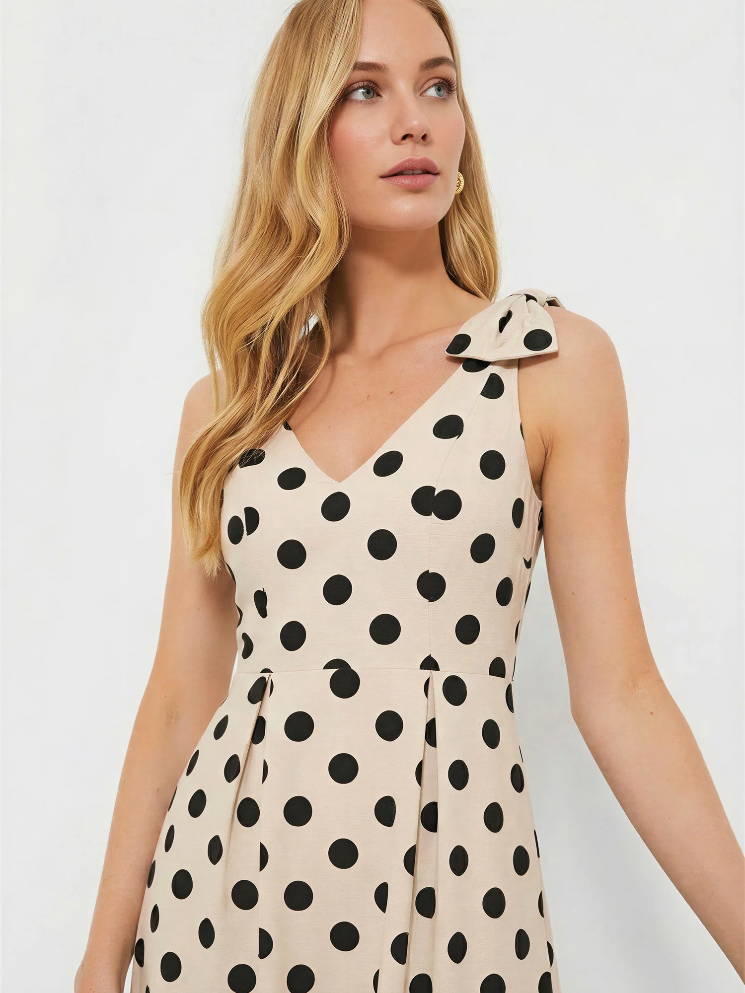 Polka Dot V-Neck Bow Shoulder A-Line Maxi Dress - Image 7